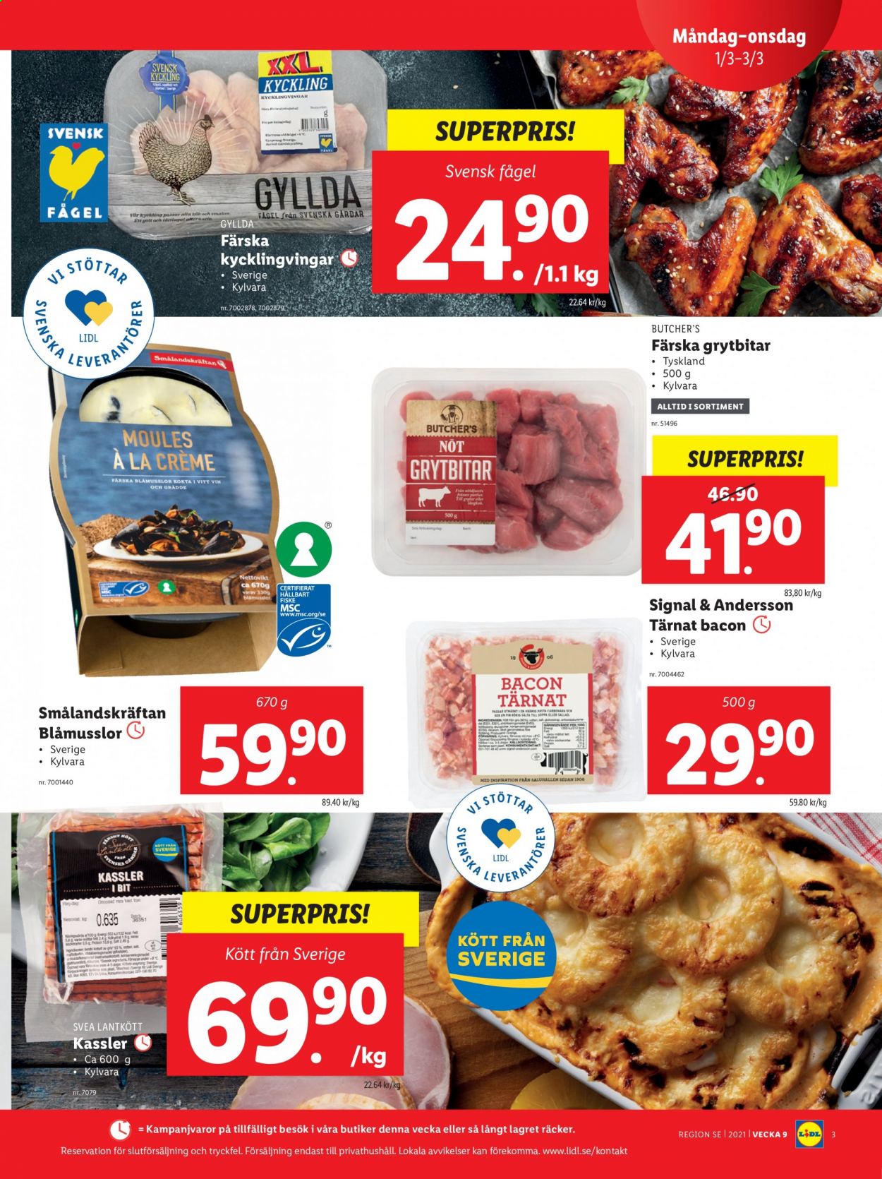 thumbnail - Lidl reklamblad - 1/3 2021 - 7/3 2021 - varor från reklamblad - kyckling, kassler, sallad, bacon, grädde, pasta, vin. Sida 3.