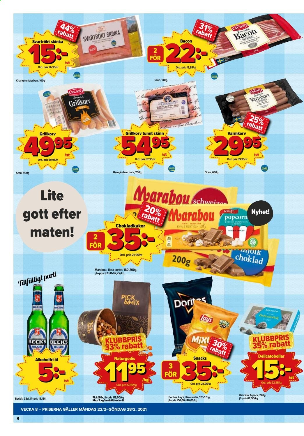 thumbnail - Östenssons reklamblad - 22/2 2021 - 28/2 2021 - varor från reklamblad - Beck's, öl, Varmkorv, bacon, skinka, grillkorv, naturgodis, choklad, Doritos, popcorn. Sida 6.
