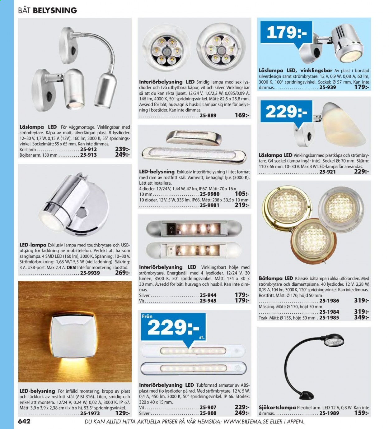 thumbnail - Biltema reklamblad - varor från reklamblad - ram, lampa, läslampa, LED-lampa, ljus, strömbrytare. Sida 642.