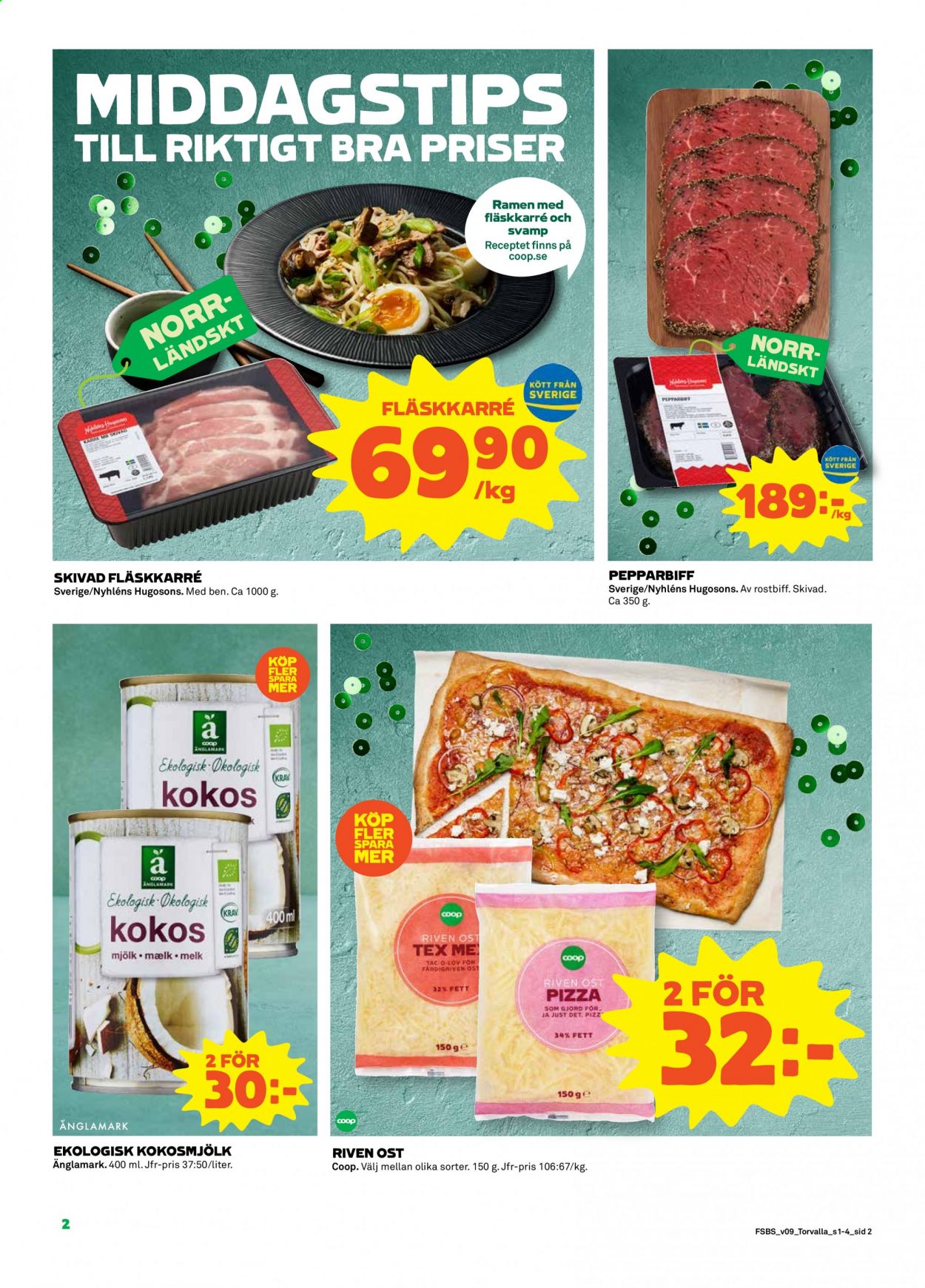 thumbnail - Coop reklamblad - 1/3 2021 - 7/3 2021 - varor från reklamblad - svampar, pepparbiff, rostbiff, fläskkarré, pizza, ost, mjölk. Sida 2.