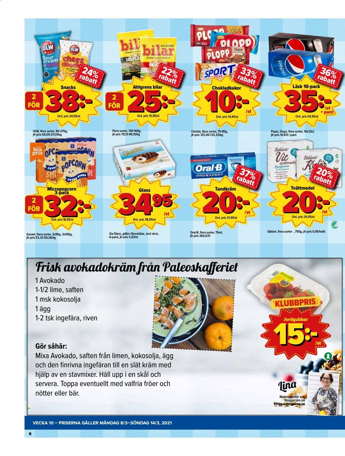 thumbnail - Östenssons reklamblad - 8/3 2021 - 14/3 2021 - varor från reklamblad - jordgubbe, avokado, ägg, popcorn, OLW, Pepsi, tvättmedel, tandkräm, Oral-B, kräm. Sida 6.