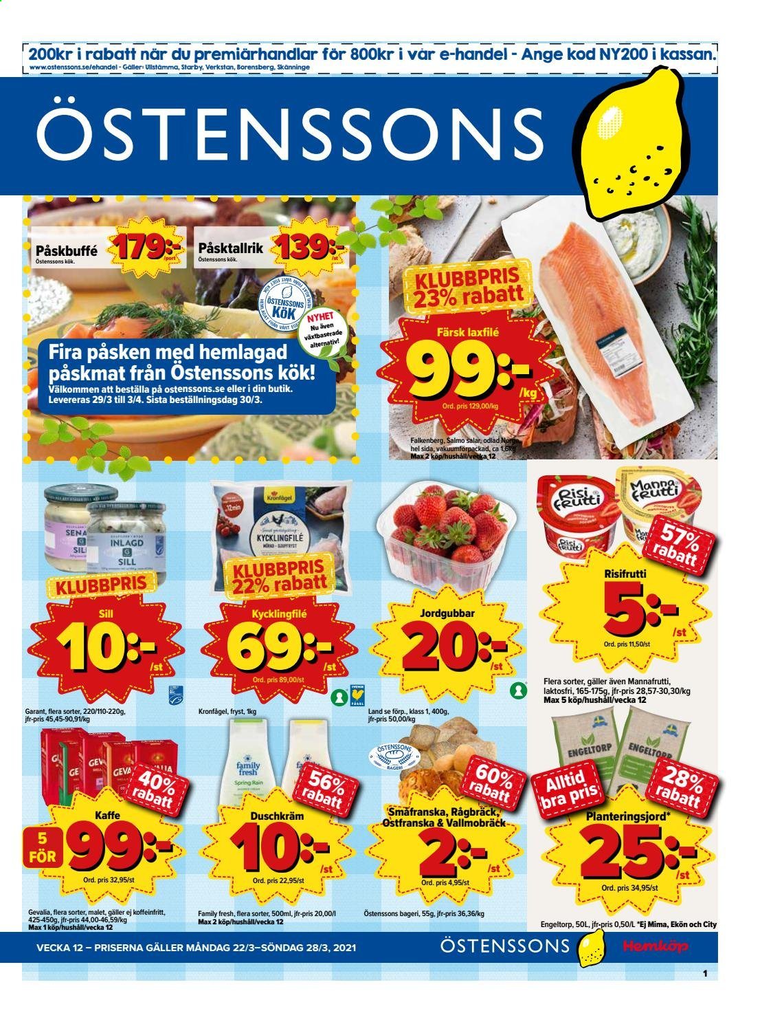 thumbnail - Östenssons reklamblad - 22/3 2021 - 28/3 2021 - varor från reklamblad - jordgubbe, lax, sill, kaffe, Gevalia, Family Fresh. Sida 1.