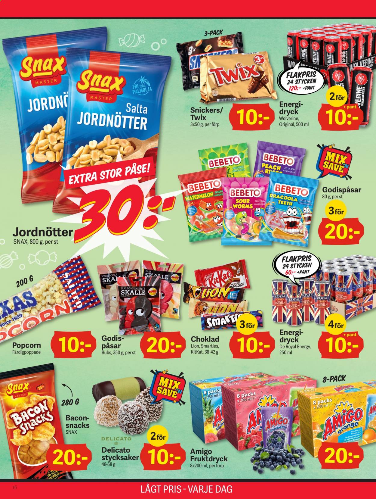 thumbnail - DollarStore reklamblad - 8/4 2021 - 18/4 2021 - varor från reklamblad - bacon, Snickers, choklad, popcorn, juice, drink, energidryck, Crown Royal. Sida 16.