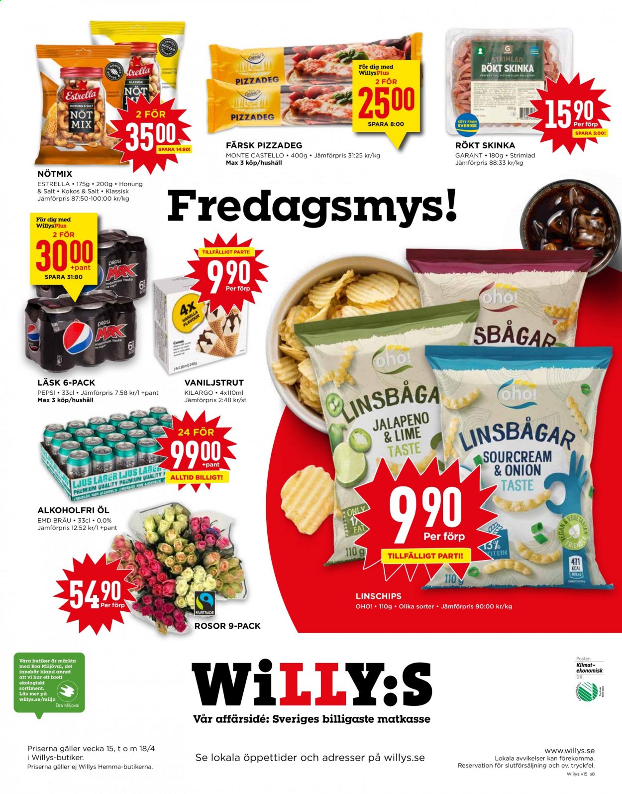 thumbnail - Willys reklamblad - 12/4 2021 - 18/4 2021 - varor från reklamblad - öl, skinka, linschips, salt, Nötmix, Pepsi. Sida 8.