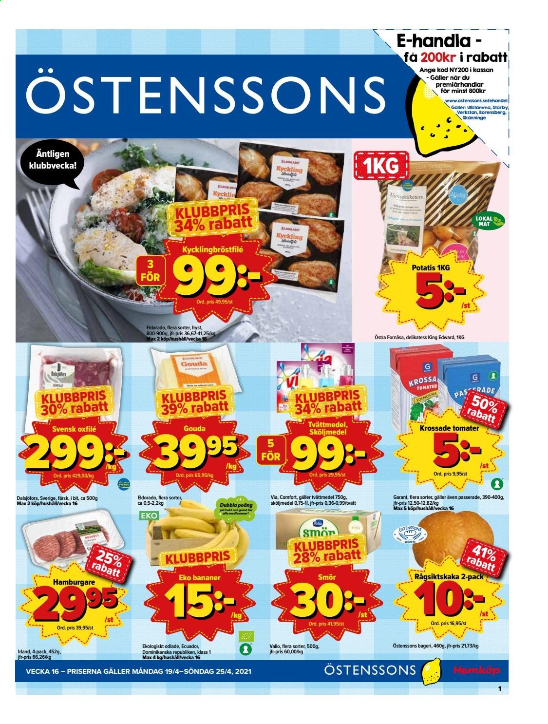 thumbnail - Östenssons reklamblad - 19/4 2021 - 25/4 2021 - varor från reklamblad - kyckling, kycklingbröstfilé, bananer, oxfilé, tomater, potatis, hamburgare, gouda, smör, krossade tomater, tvättmedel. Sida 1.