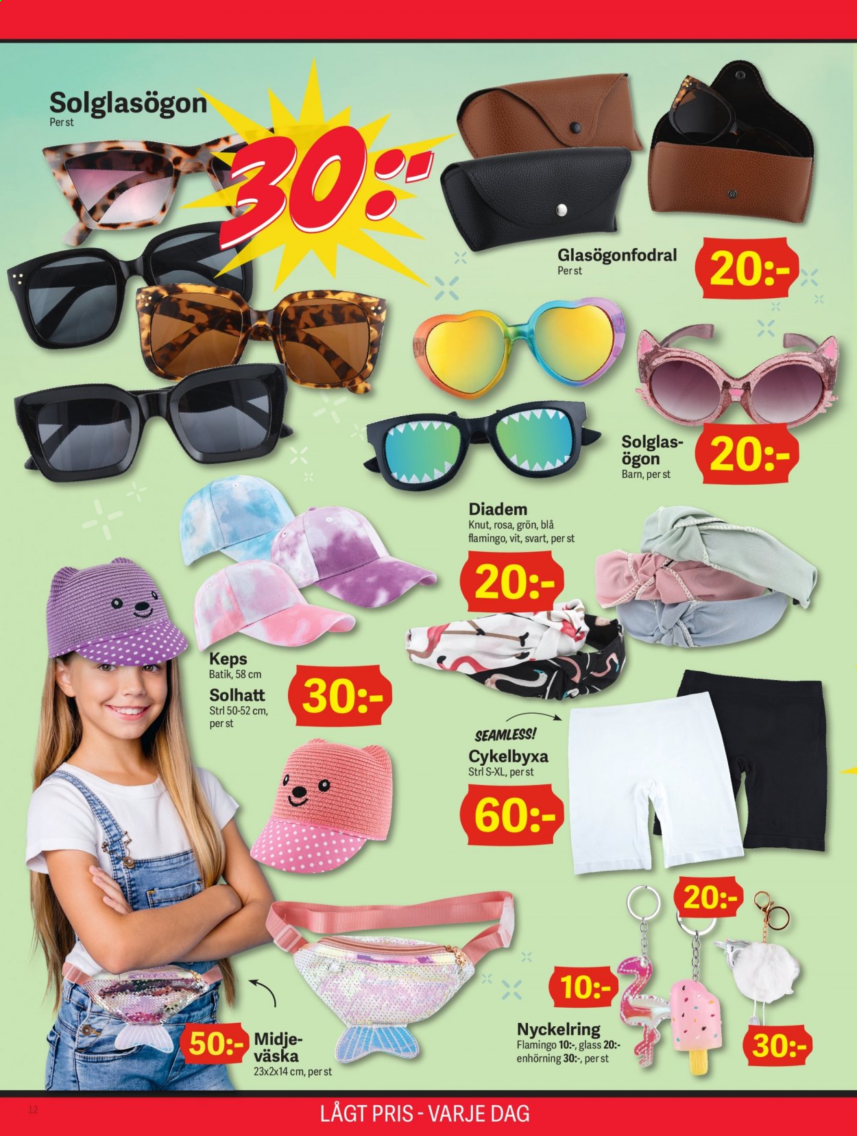 thumbnail - DollarStore reklamblad - varor från reklamblad - keps, väska, enhörning, flamingo. Sida 12.