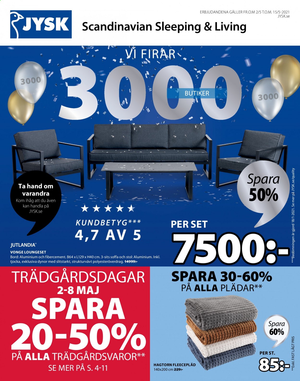 thumbnail - JYSK reklamblad - 2/5 2021 - 15/5 2021 - varor från reklamblad - stol, 3-sits soffa, soffa, loungeset, fleecepläd, bord. Sida 1.