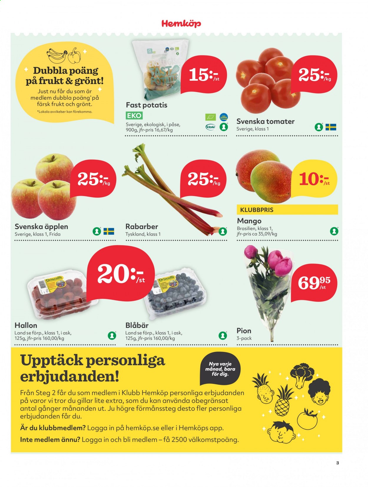 thumbnail - Hemköp reklamblad - 3/5 2021 - 9/5 2021 - varor från reklamblad - äpplen, mango, blåbär, tomater, potatis, rabarber. Sida 3.