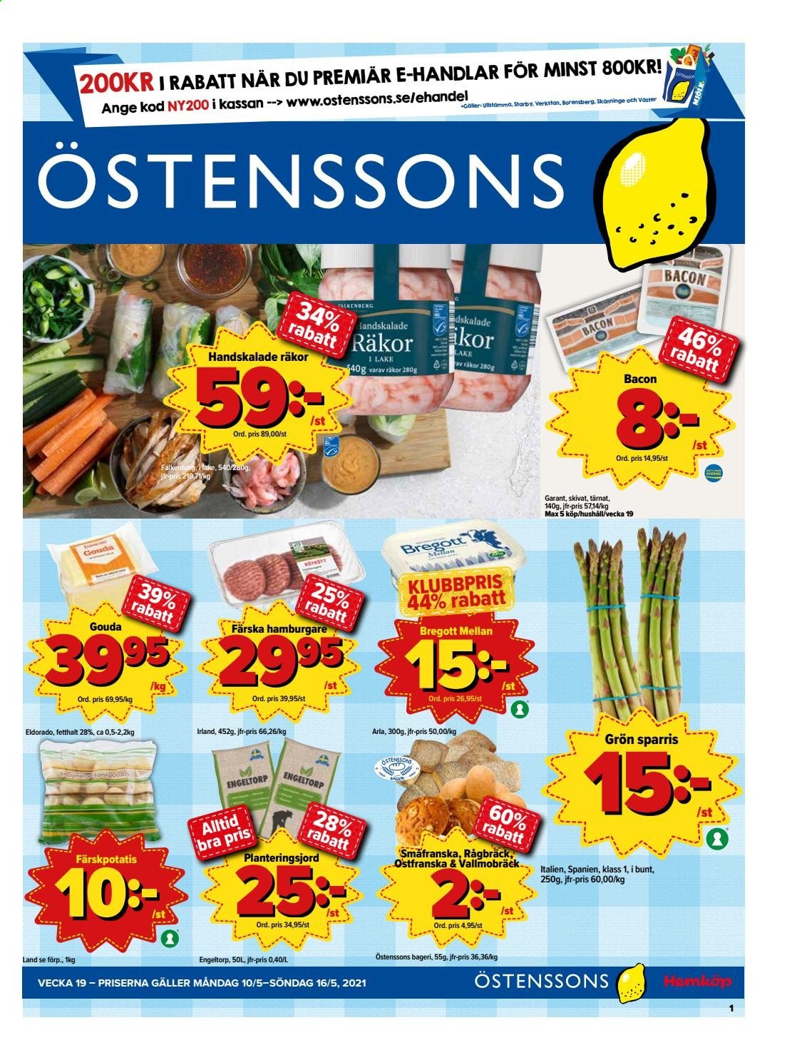 thumbnail - Östenssons reklamblad - 10/5 2021 - 16/5 2021 - varor från reklamblad - sparris, räkor, hamburgare, bacon, gouda, Arla, Bregott. Sida 1.