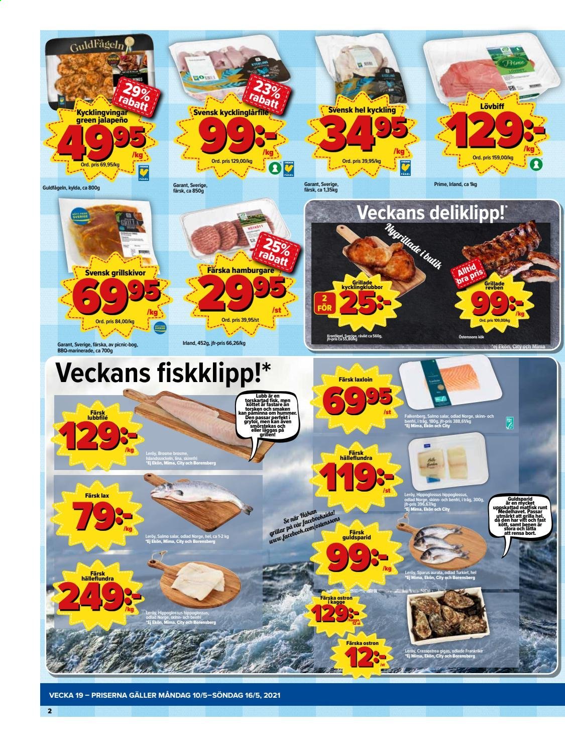 thumbnail - Östenssons reklamblad - 10/5 2021 - 16/5 2021 - varor från reklamblad - hel kyckling, kycklingklubba, kyckling, lövbiff, lax, ostron, färsk lax, hamburgare. Sida 2.