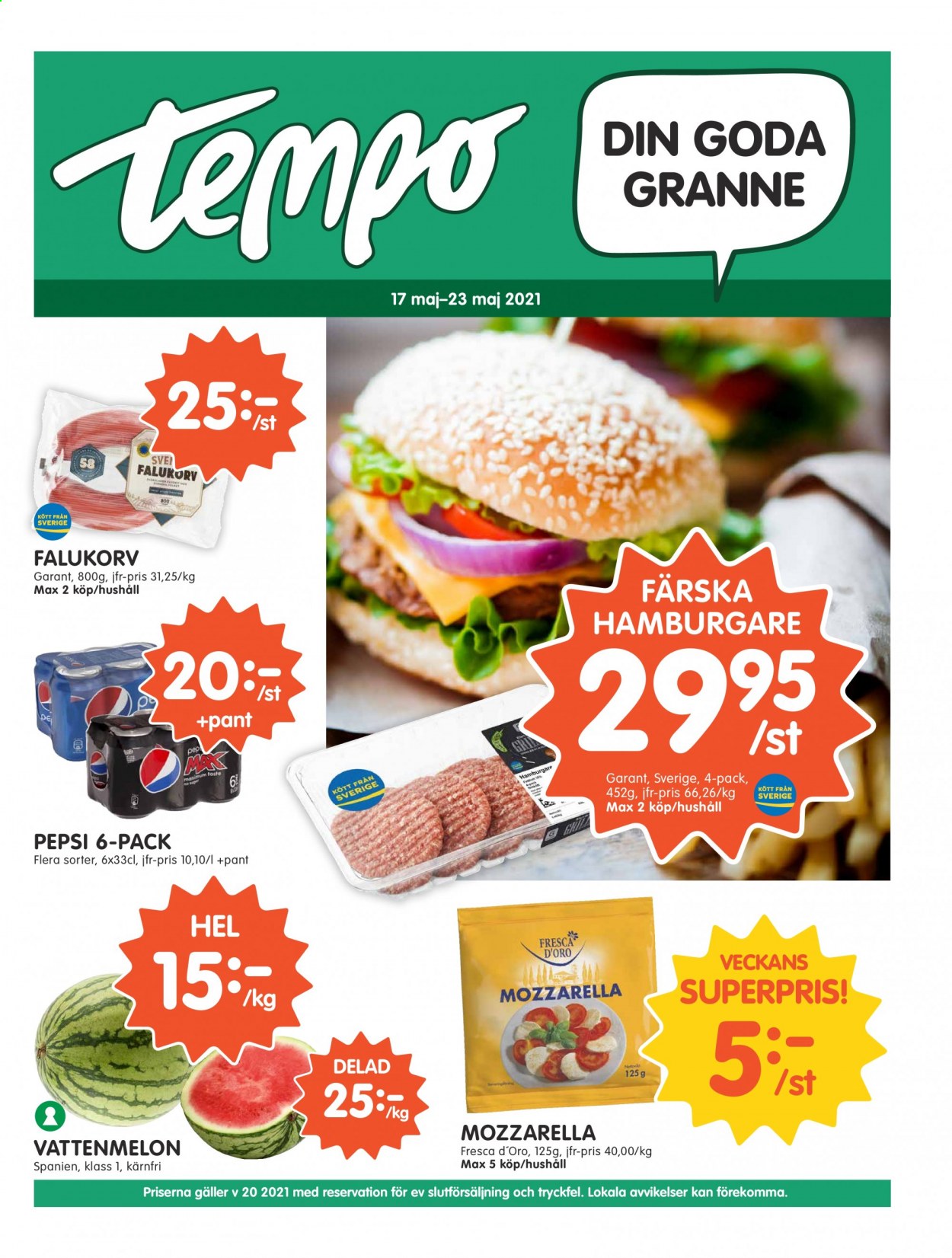 thumbnail - Tempo reklamblad - 17/5 2021 - 23/5 2021 - varor från reklamblad - vattenmelon, hamburgare, mozzarella, Pepsi. Sida 1.