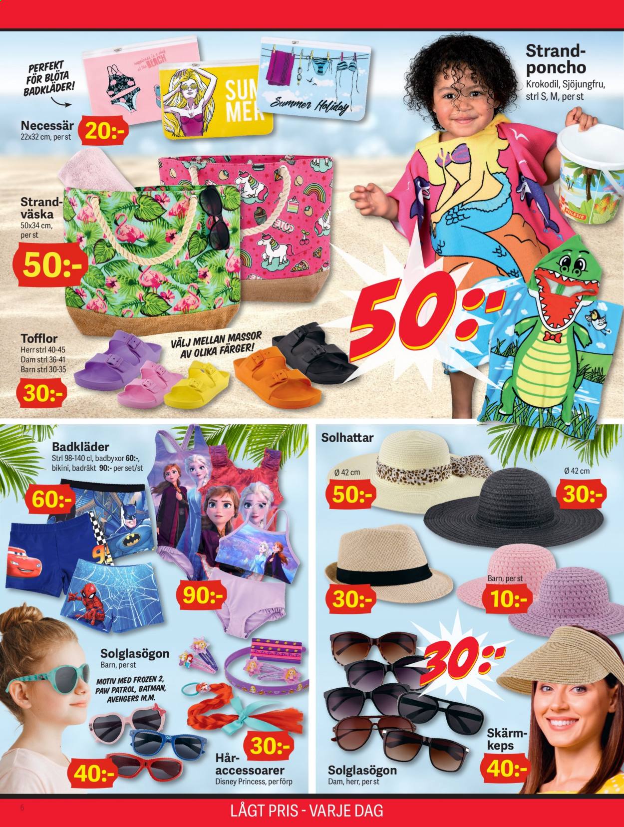 thumbnail - DollarStore reklamblad - 24/5 2021 - 6/6 2021 - varor från reklamblad - Disney, Paw Patrol, tofflor, Avengers, Frozen, bikini, keps, väska, solglasögon, krokodil. Sida 6.