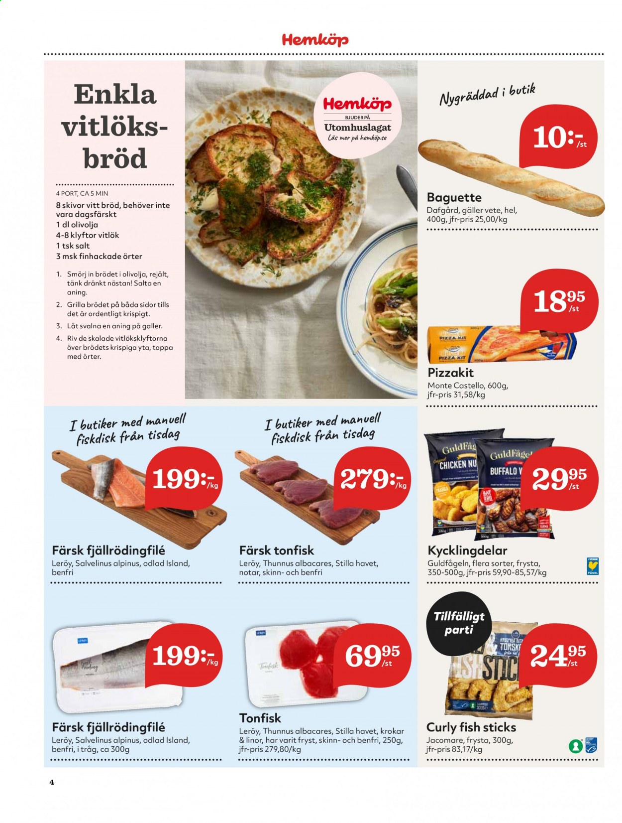 thumbnail - Hemköp reklamblad - 24/5 2021 - 30/5 2021 - varor från reklamblad - baguette, bröd, vitlök, tonfisk, salt, olivolja. Sida 4.