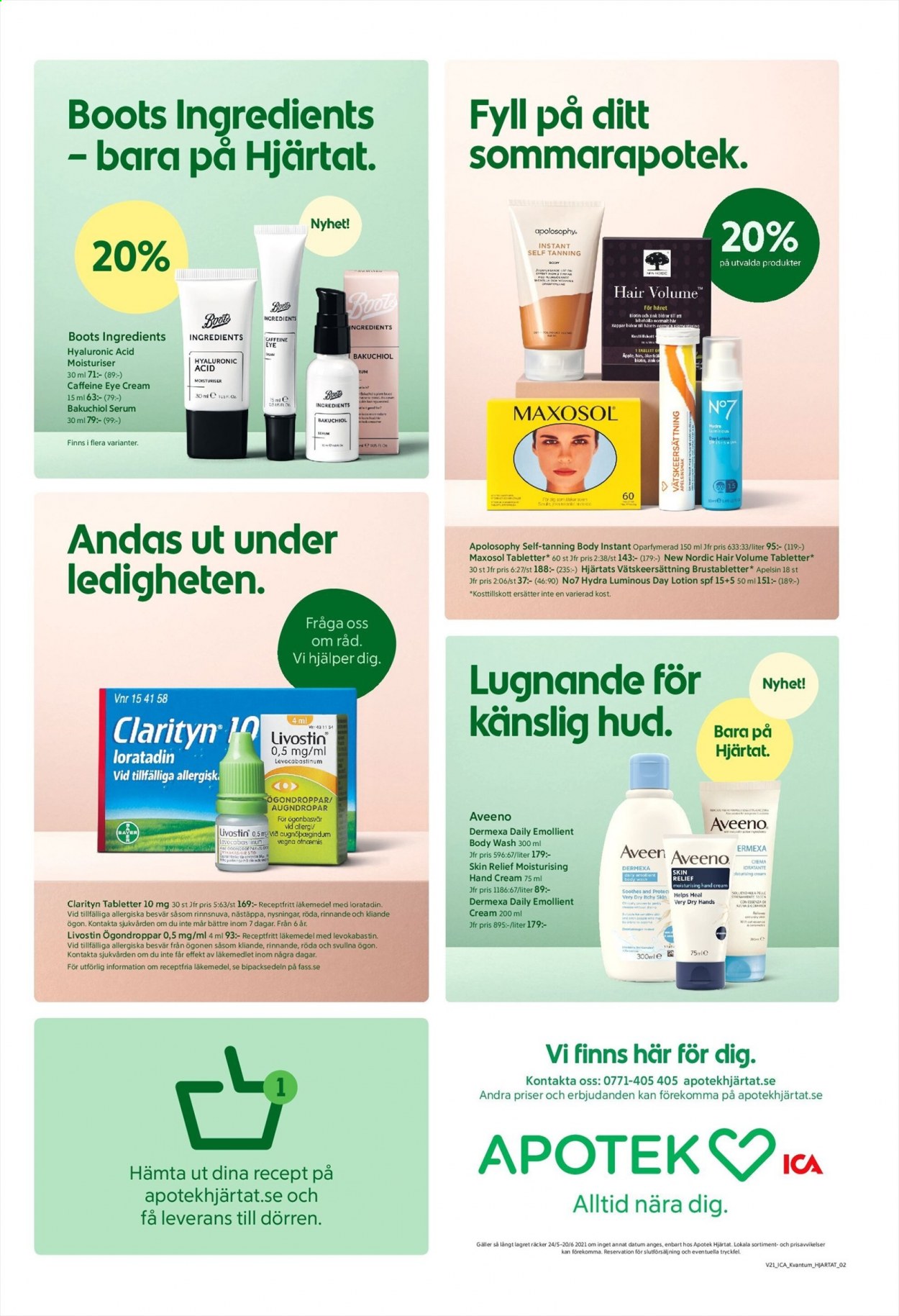 thumbnail - ICA reklamblad - 24/5 2021 - 30/5 2021 - varor från reklamblad - Aveeno, kroppstvätt, serum, day lotion. Sida 7.