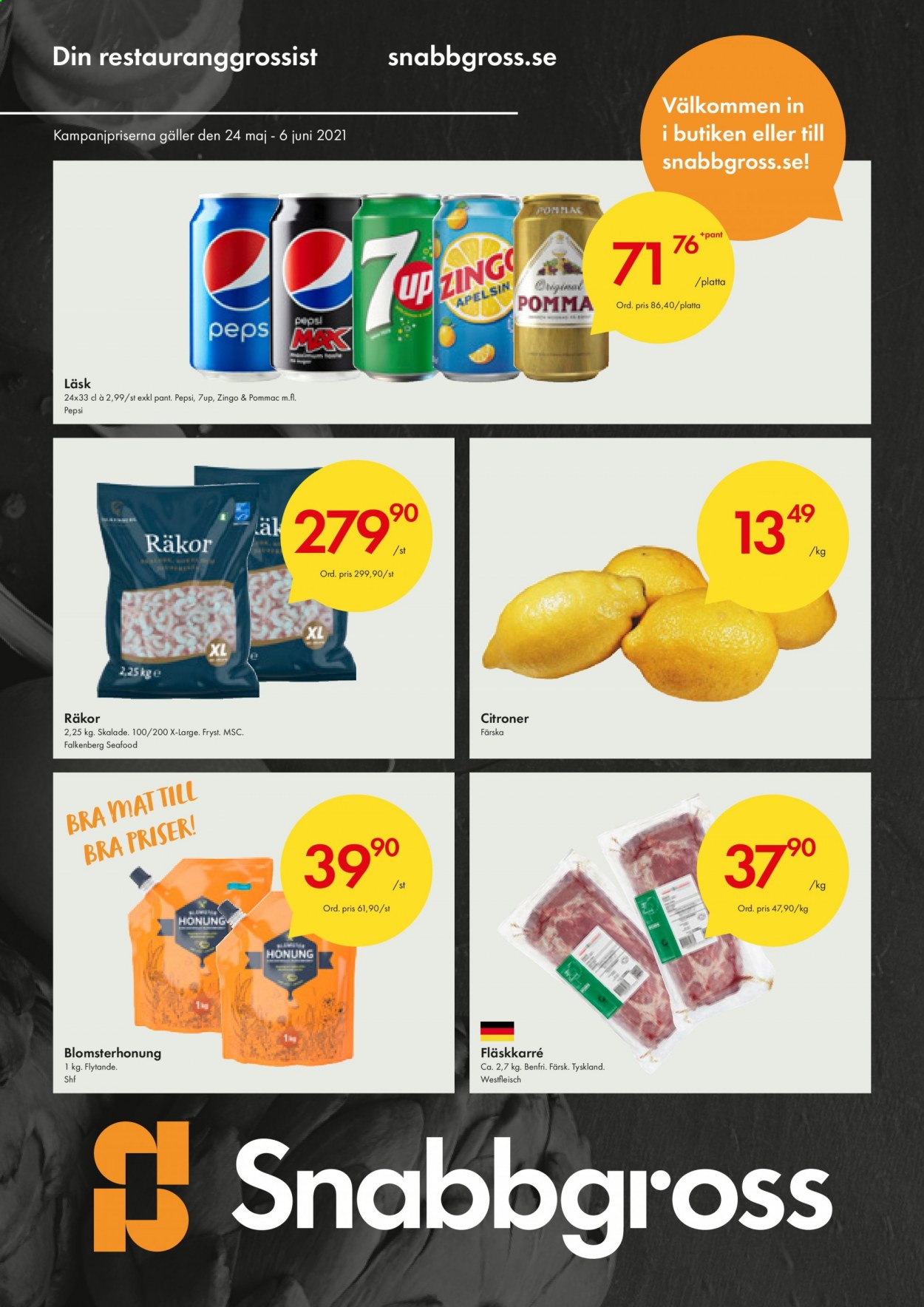 thumbnail - Axfood Snabbgross reklamblad - 24/5 2021 - 6/6 2021 - varor från reklamblad - fläskkarré, citroner, räkor, Pepsi, 7UP. Sida 1.