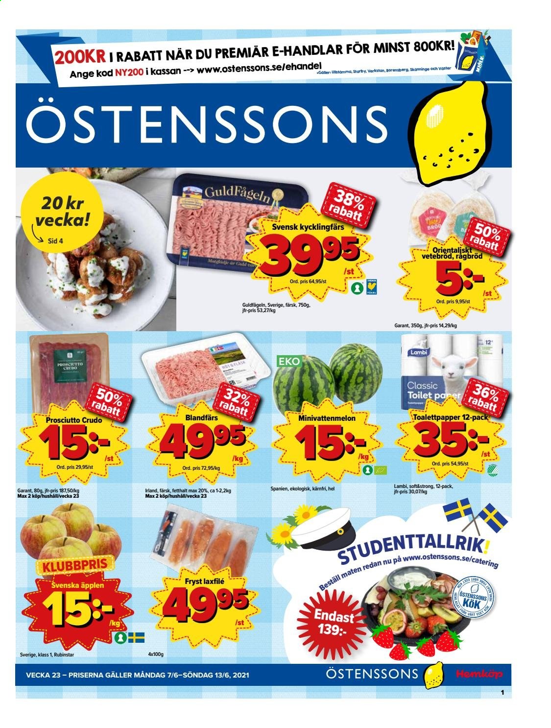 thumbnail - Östenssons reklamblad - 7/6 2021 - 13/6 2021 - varor från reklamblad - kycklingfärs, äpplen, blandfärs, bröd, lax, prosciutto, prosciutto crudo, toalettpapper. Sida 1.