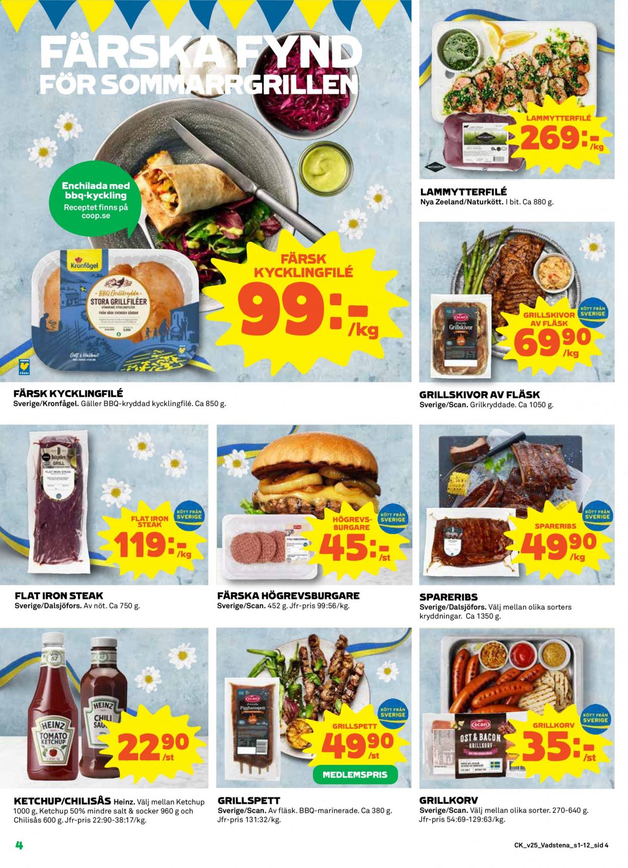 thumbnail - Coop reklamblad - 21/6 2021 - 27/6 2021 - varor från reklamblad - kyckling, stek, spareribs, bacon, grillkorv, ost, Heinz, ketchup, Calvin Klein. Sida 4.
