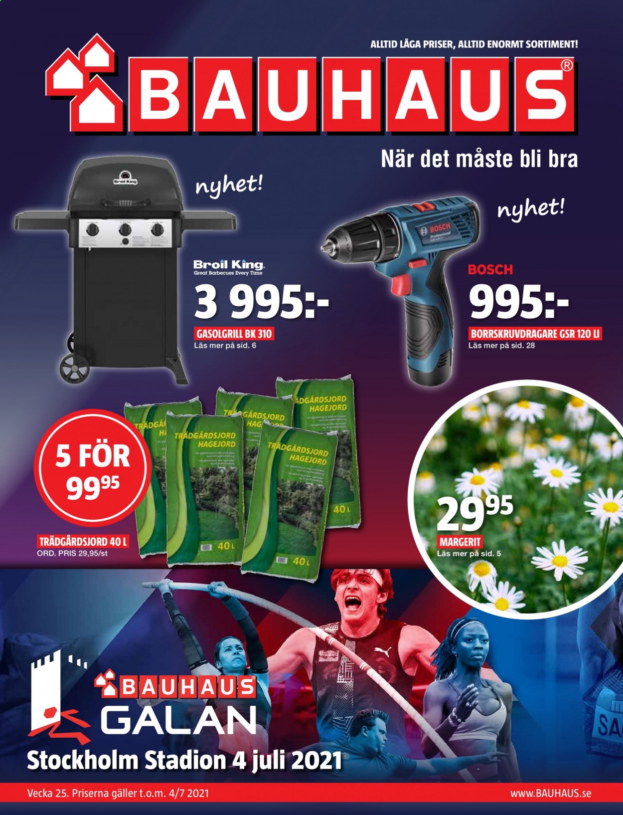 thumbnail - Bauhaus reklamblad - 21/6 2021 - 4/7 2021 - varor från reklamblad - Bosch, borrskruvdragare, gasolgrill. Sida 1.