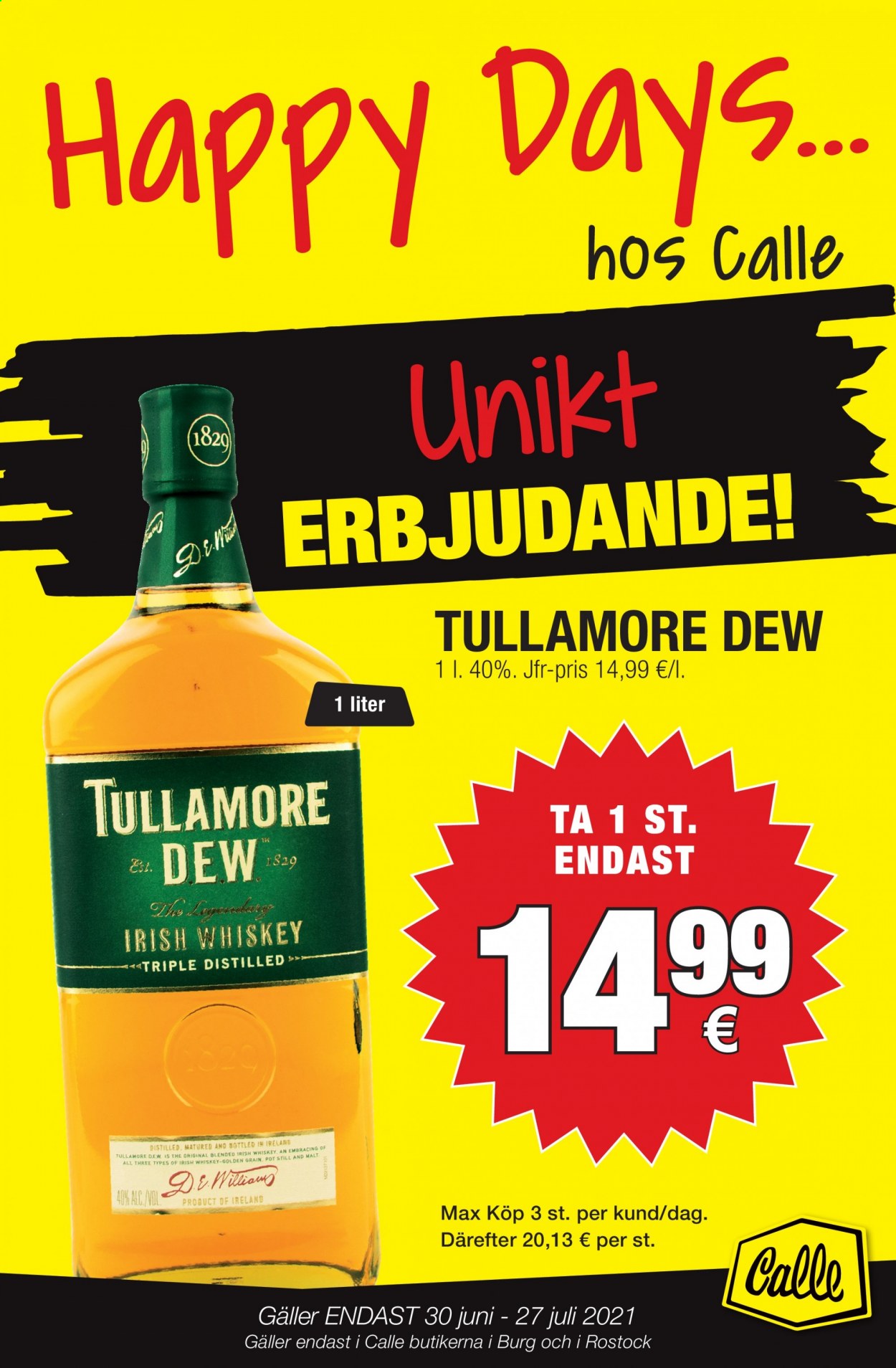 thumbnail - Calle reklamblad - 30/6 2021 - 27/7 2021 - varor från reklamblad - whisky, Tullamore Dew, Irish Whiskey. Sida 3.