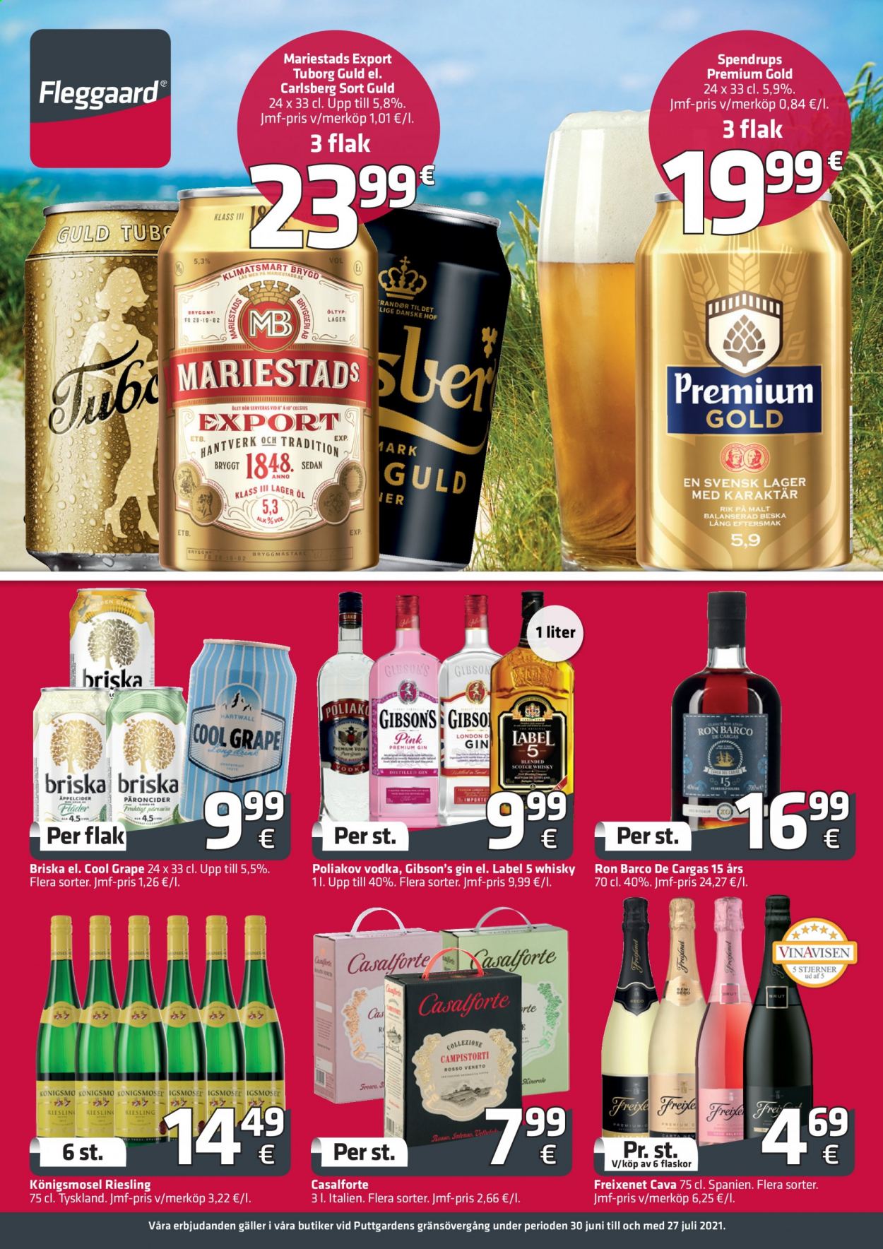thumbnail - Fleggaard reklamblad - 30/6 2021 - 27/7 2021 - varor från reklamblad - Carlsberg, mariestads, Tuborg, Cava, Freixenet, Riesling, whisky, Briska, Cool Grape, Vodka, gin. Sida 1.