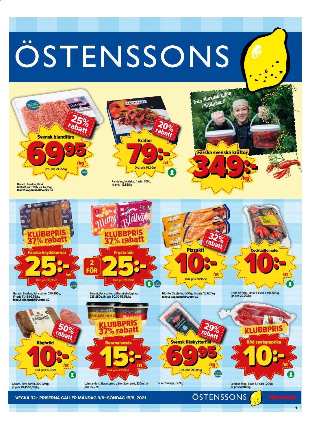 thumbnail - Östenssons reklamblad - 9/8 2021 - 15/8 2021 - varor från reklamblad - blandfärs, fläskytterfilé, kräftor, aïoli. Sida 1.