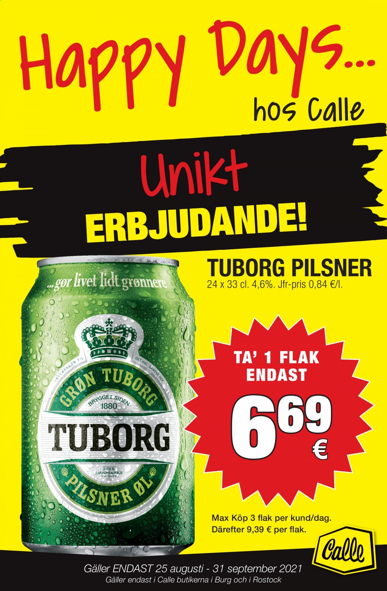 thumbnail - Calle reklamblad - 25/8 2021 - 31/8 2021 - varor från reklamblad - Tuborg, öl. Sida 1.