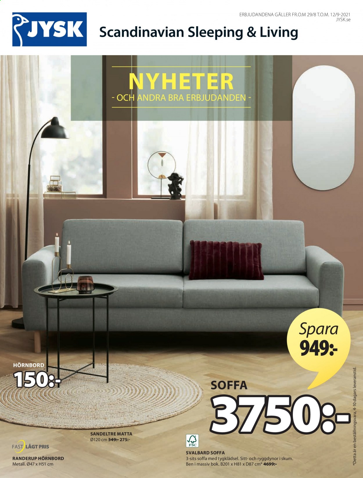 thumbnail - JYSK reklamblad - 29/8 2021 - 12/9 2021 - varor från reklamblad - 3-sits soffa, soffa. Sida 1.
