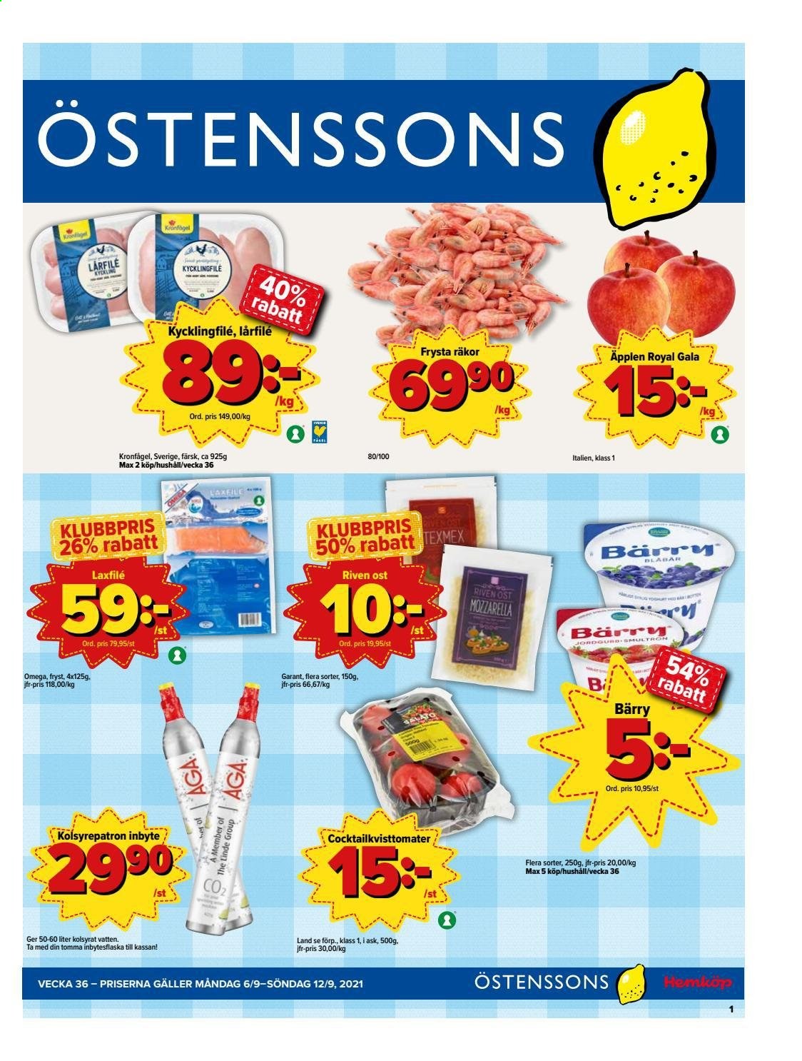 thumbnail - Östenssons reklamblad - 6/9 2021 - 12/9 2021 - varor från reklamblad - äpplen, blåbär, lax, räkor, ost, mozzarella. Sida 1.
