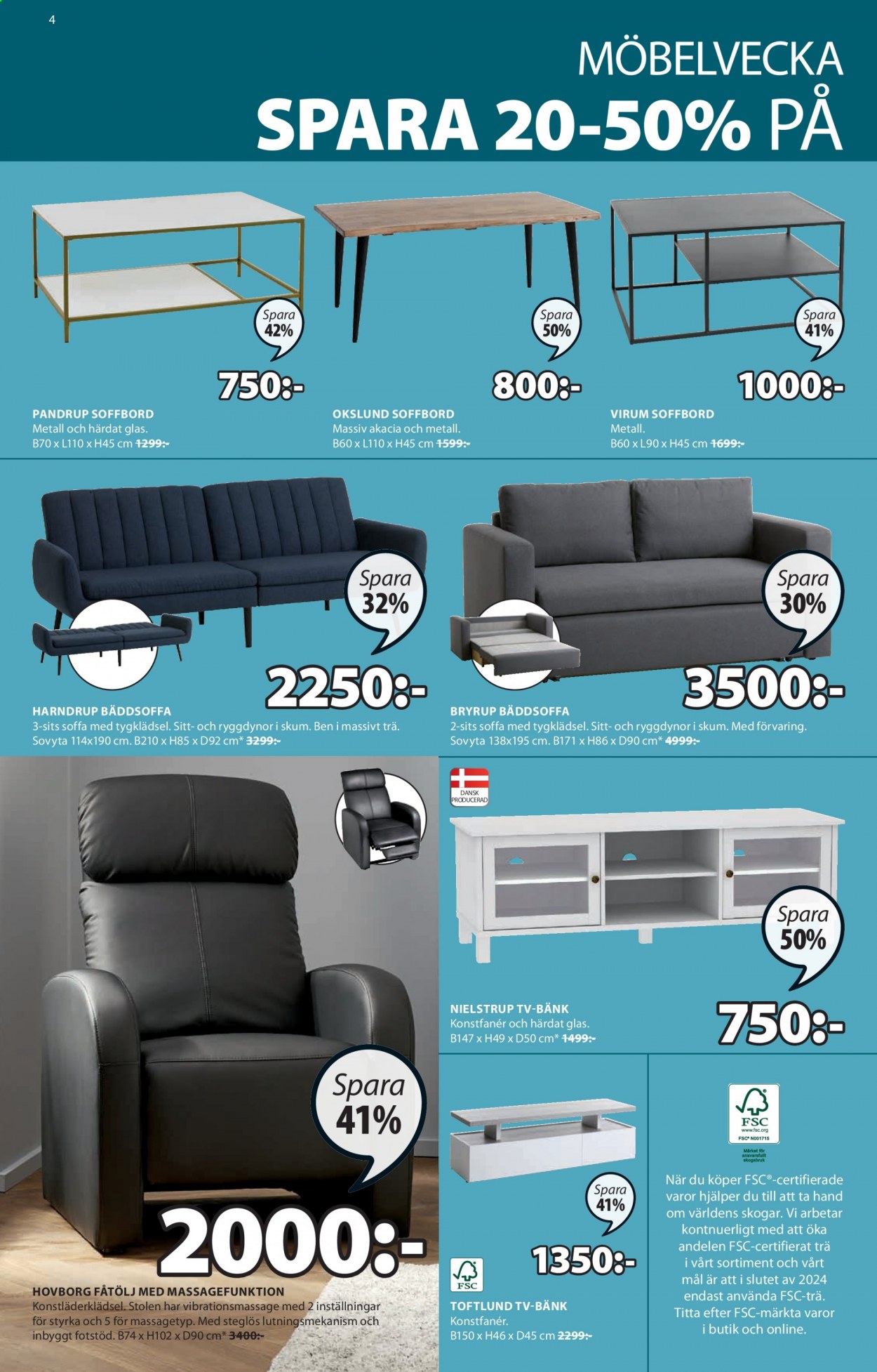 thumbnail - JYSK reklamblad - 6/9 2021 - 19/9 2021 - varor från reklamblad - fåtölj, 2-sits soffa, 3-sits soffa, soffa, bänk, bäddsoffa, soffbord, tv-bänk. Sida 4.
