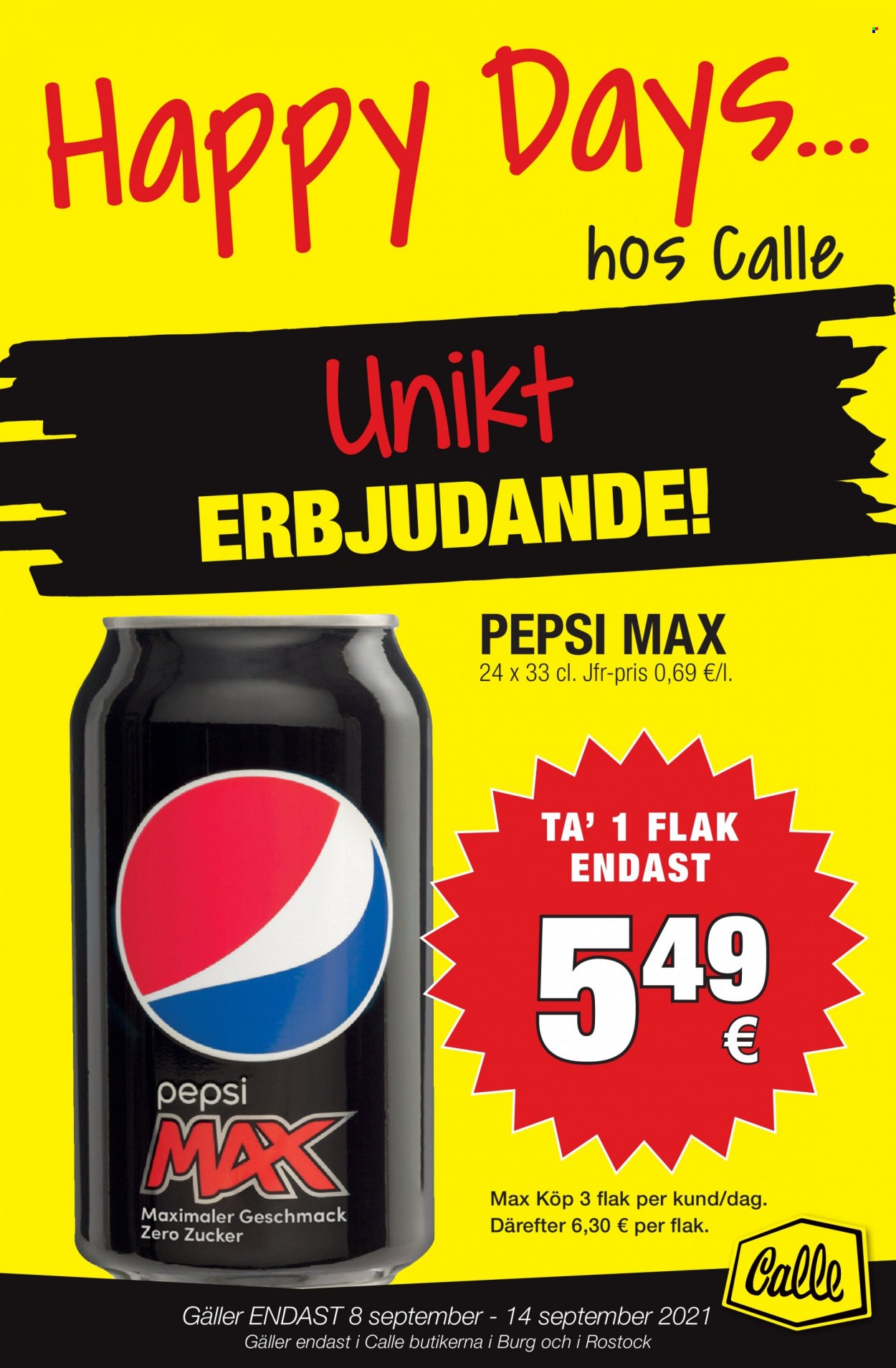 thumbnail - Calle reklamblad - 8/9 2021 - 14/9 2021 - varor från reklamblad - Pepsi, Pepsi Max. Sida 1.