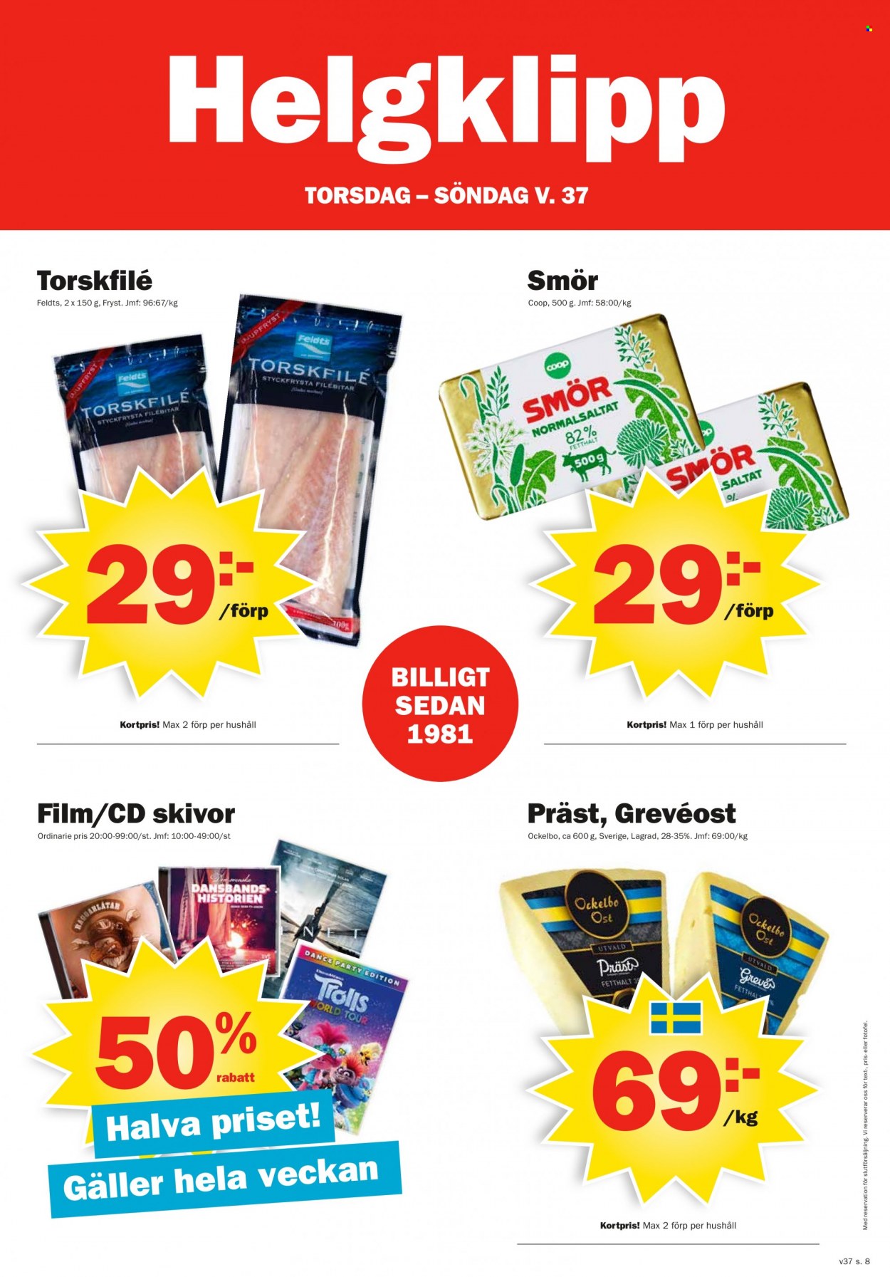 thumbnail - Pekås reklamblad - 13/9 2021 - 19/9 2021 - varor från reklamblad - torskfilé, ost, Präst, smör. Sida 8.