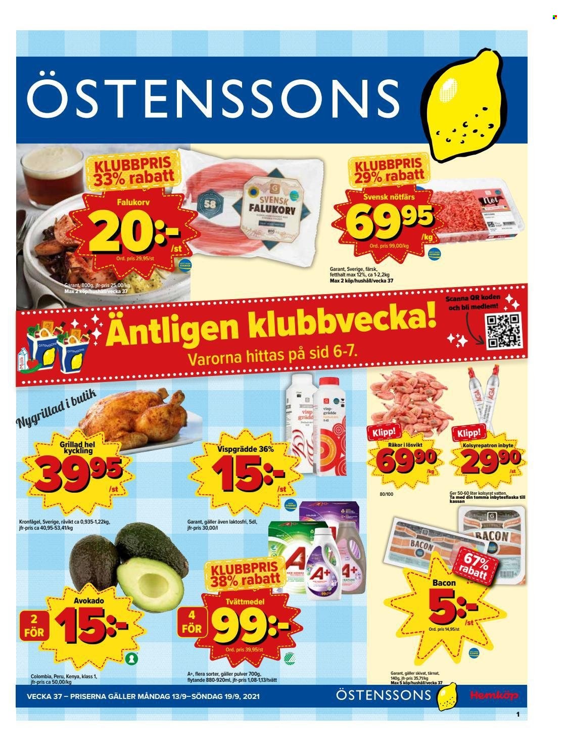 thumbnail - Östenssons reklamblad - 13/9 2021 - 19/9 2021 - varor från reklamblad - hel kyckling, kyckling, avokado, räkor, bacon, grädde, tvättmedel. Sida 1.