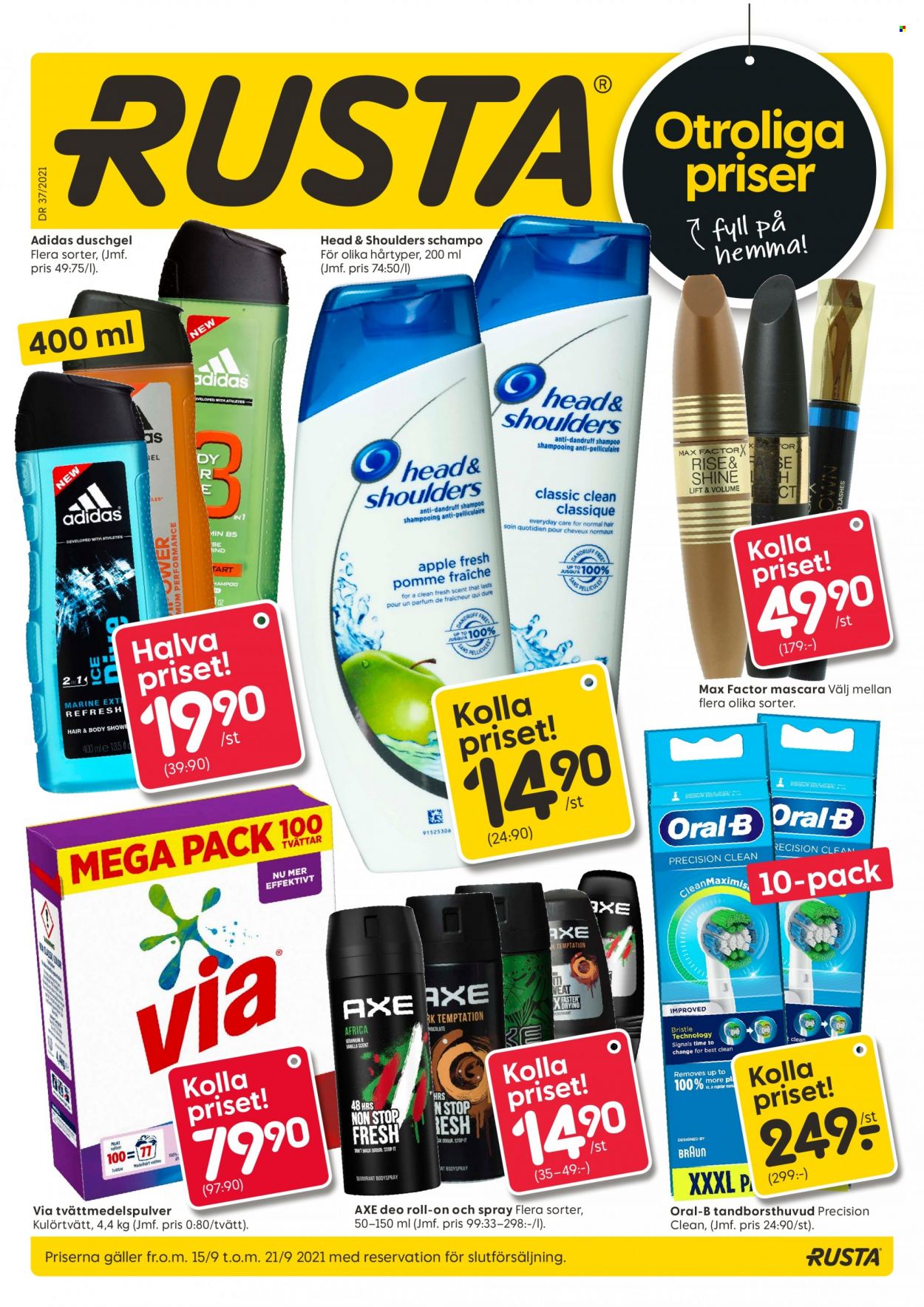 thumbnail - Rusta reklamblad - 15/9 2021 - 21/9 2021 - varor från reklamblad - Braun, shampoo, schampo, Oral-B, mask, roll-on, Head & Shoulders, AXE, deodorant, Max Factor. Sida 1.