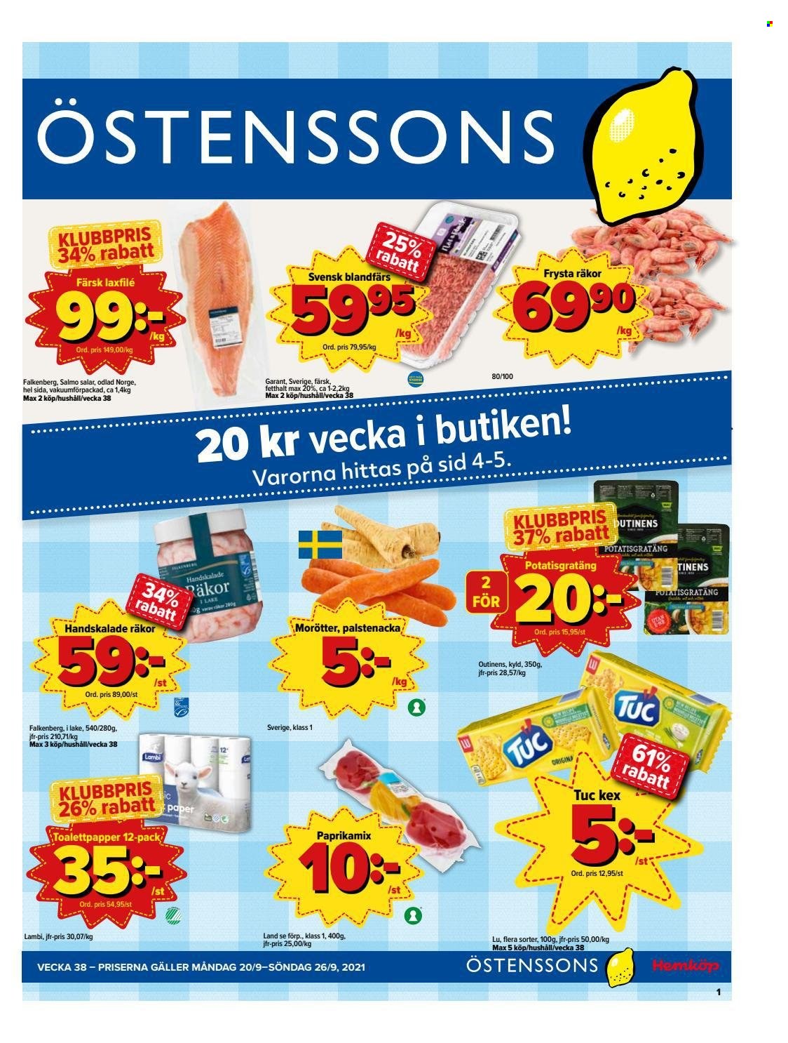 thumbnail - Östenssons reklamblad - 20/9 2021 - 26/9 2021 - varor från reklamblad - blandfärs, paprika, morötter, lax, räkor, potatisgratäng, kex, toalettpapper. Sida 1.