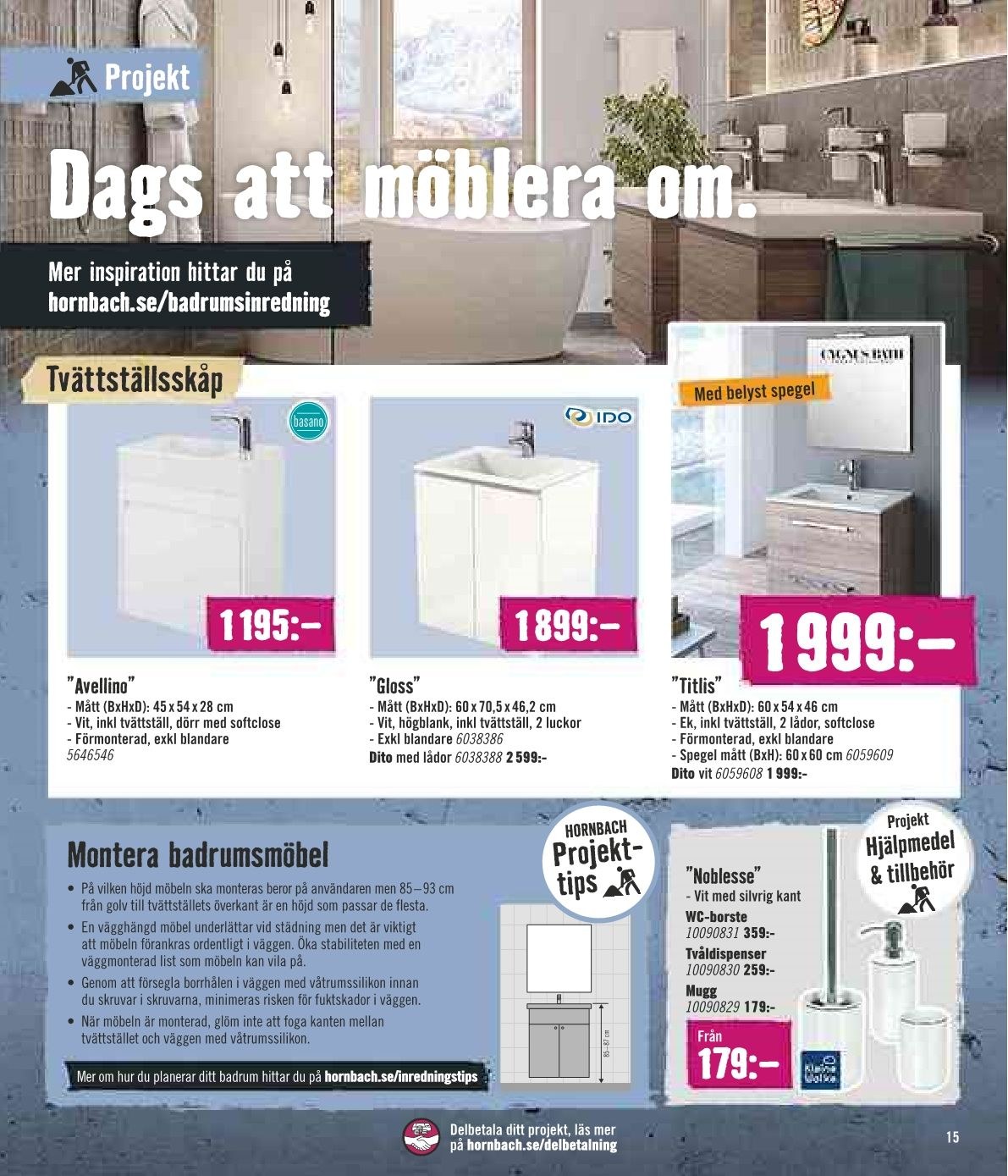 thumbnail - Hornbach reklamblad - 25/9 2021 - 27/10 2021 - varor från reklamblad - badrumsmöbel, spegel, tvättställsskåp, borste, dörr, tvättställ, golv. Sida 15.