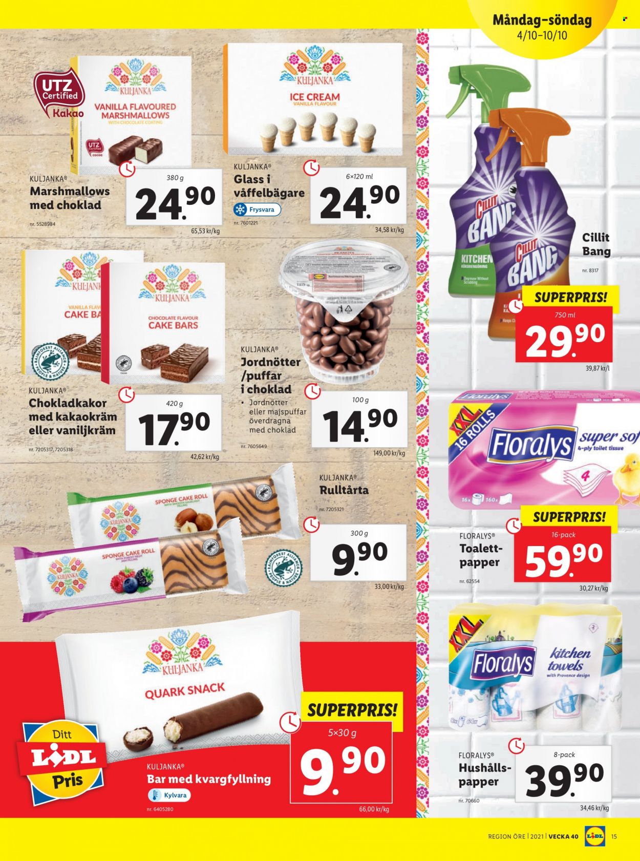 thumbnail - Lidl reklamblad - 4/10 2021 - 10/10 2021 - varor från reklamblad - marshmallows, choklad, toalettpapper, Cillit, Cillit Bang, kroppsolja. Sida 15.