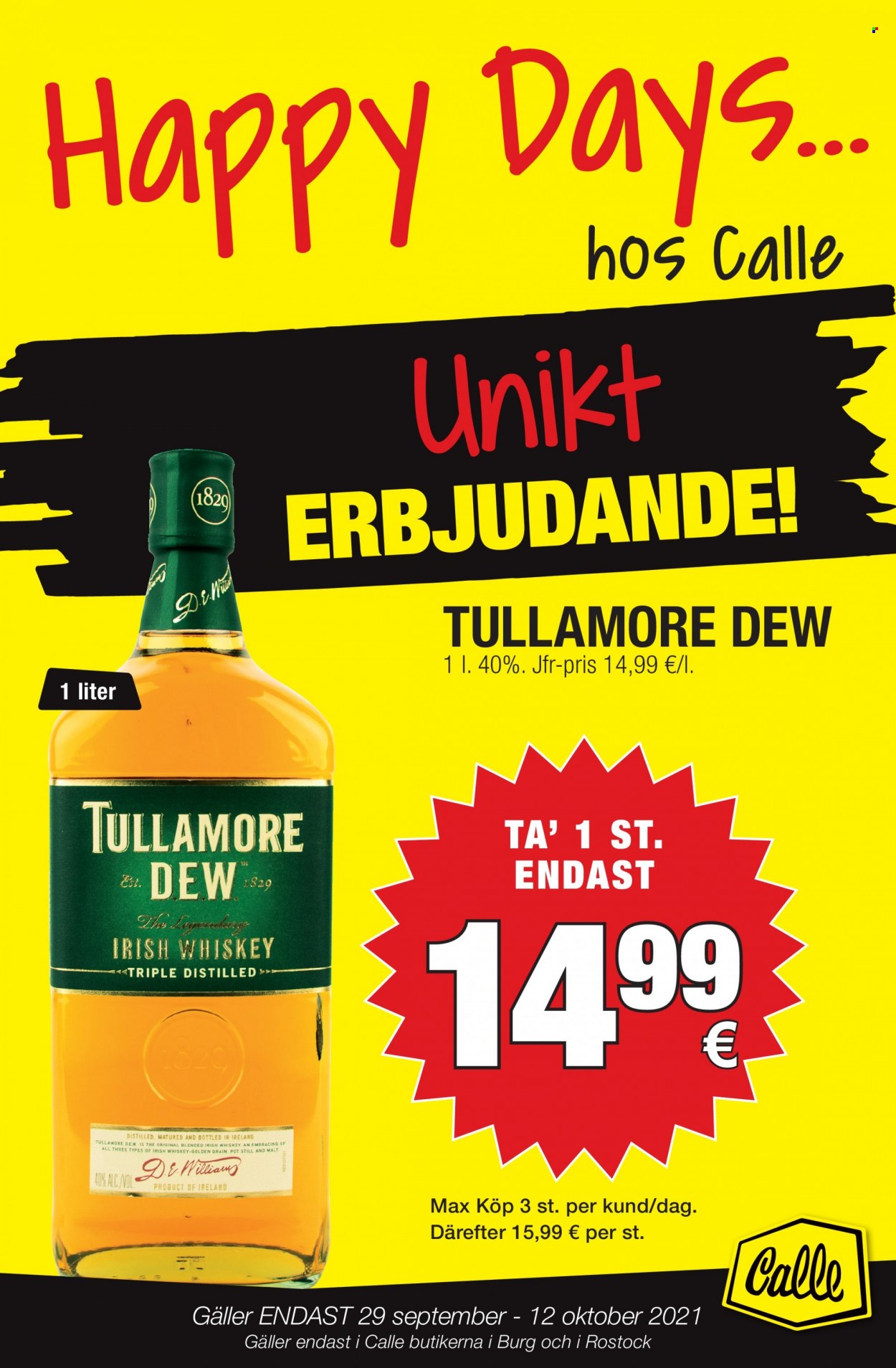 thumbnail - Calle reklamblad - 29/9 2021 - 12/10 2021 - varor från reklamblad - whisky, Tullamore Dew, Irish Whiskey. Sida 3.