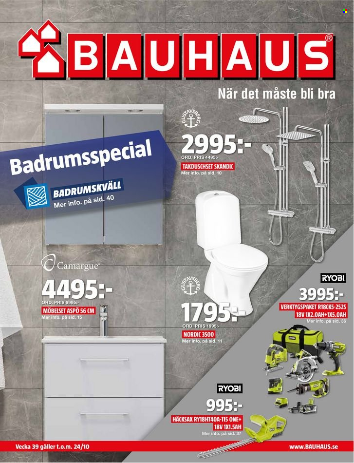 thumbnail - Bauhaus reklamblad - 26/9 2021 - 24/10 2021 - varor från reklamblad - Ryobi, verktygspaket. Sida 1.