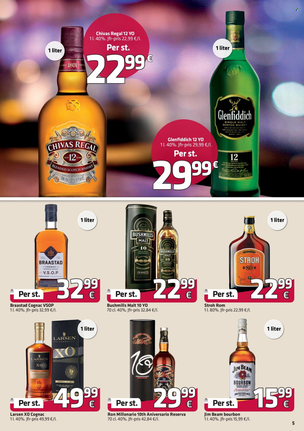 thumbnail - Fleggaard reklamblad - 29/9 2021 - 12/10 2021 - varor från reklamblad - whisky, Blended Scotch Whisky, bourbon, Braastad Cognac, Bushmills, cognac, scotch whisky, Stroh, Glenfiddich, Jim Beam, Chivas Regal, Scotch. Sida 8.