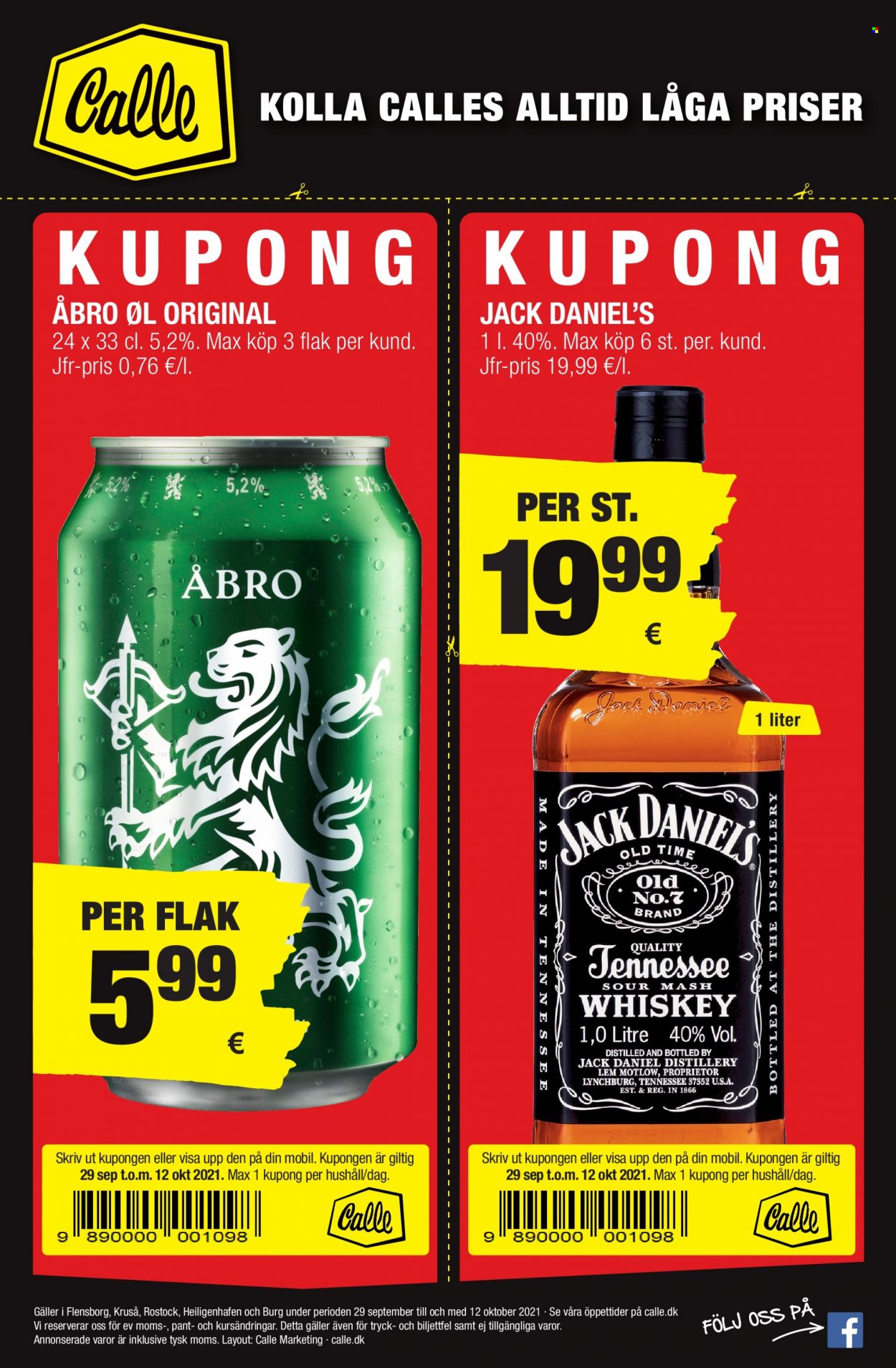 thumbnail - Calle reklamblad - 29/9 2021 - 12/10 2021 - varor från reklamblad - Åbro, öl, Jack Daniel's. Sida 1.