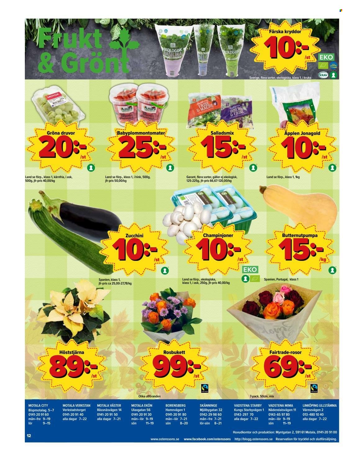 thumbnail - Östenssons reklamblad - 18/10 2021 - 24/10 2021 - varor från reklamblad - champinjoner, äpplen, butternutpumpa, zucchini, basilika, rosor, kruka. Sida 12.