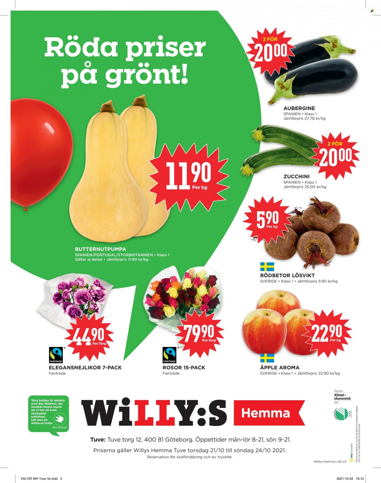 thumbnail - Willys reklamblad - 18/10 2021 - 24/10 2021 - varor från reklamblad - äpplen, aubergine, butternutpumpa, rödbetor, zucchini. Sida 4.
