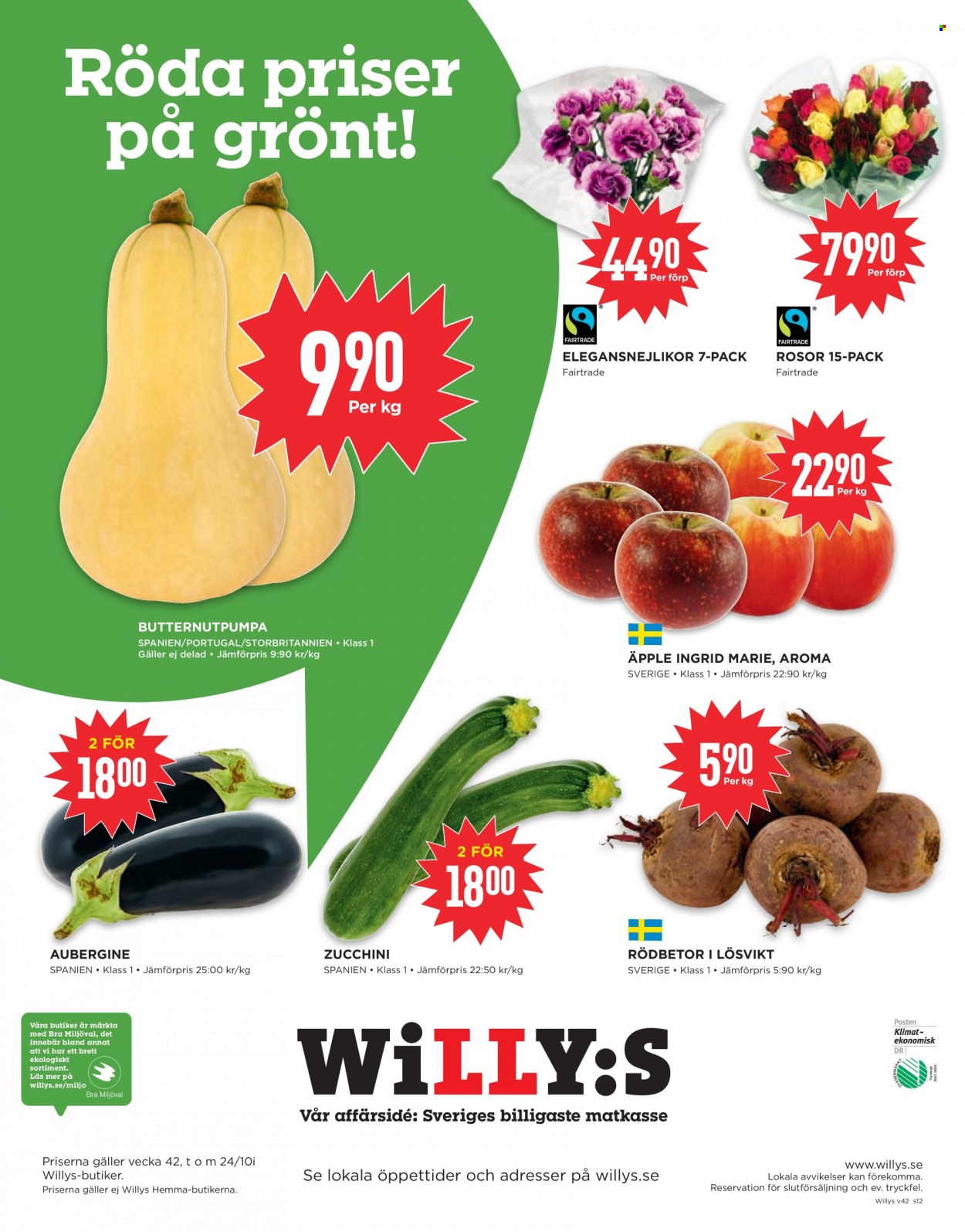 thumbnail - Willys reklamblad - 18/10 2021 - 24/10 2021 - varor från reklamblad - äpplen, aubergine, butternutpumpa, rödbetor, zucchini. Sida 12.