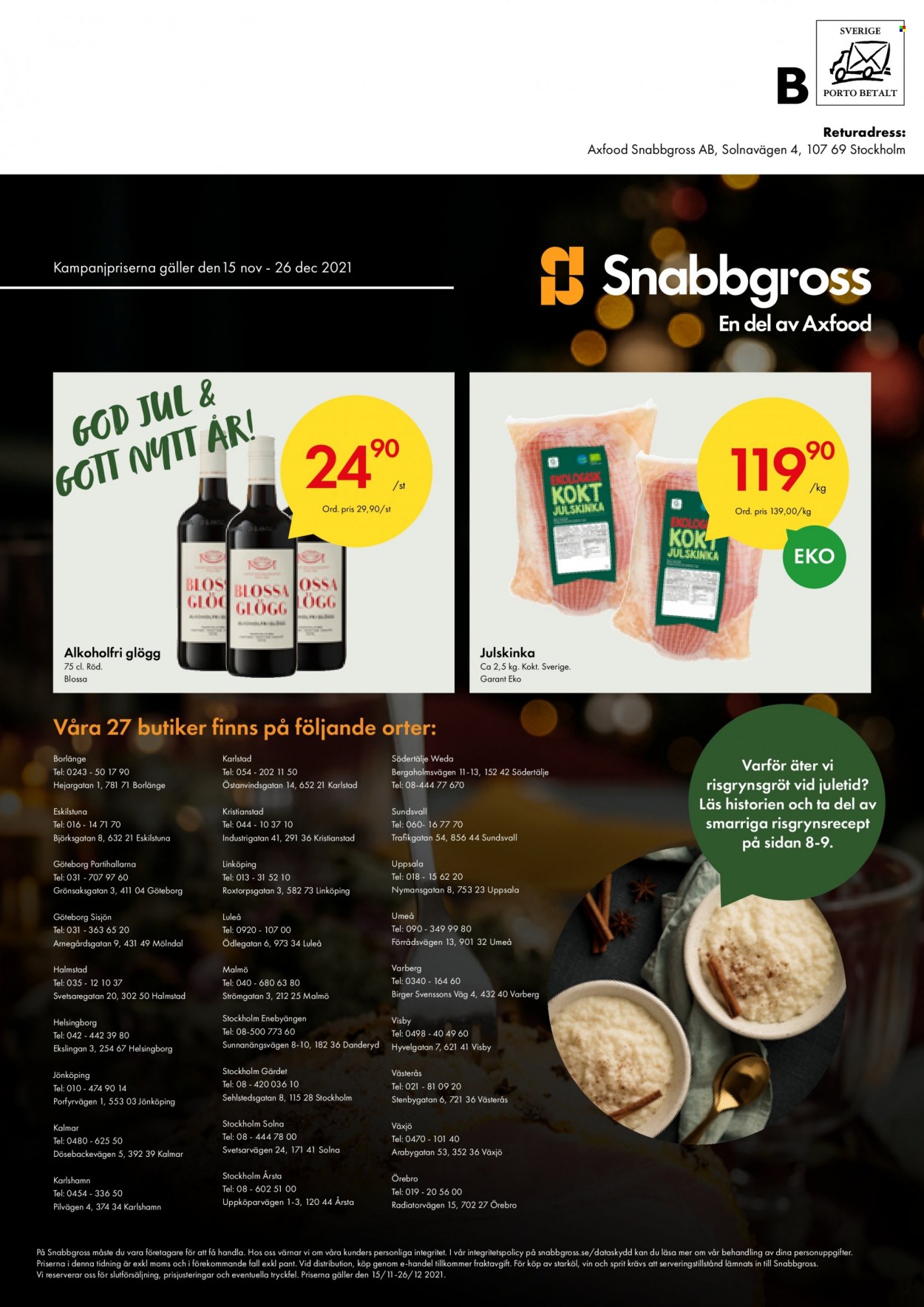 thumbnail - Axfood Snabbgross reklamblad - 15/11 2021 - 26/12 2021 - varor från reklamblad - starköl, julskinka, risgrynsgröt, glögg, alkoholfri glögg, vin. Sida 28.