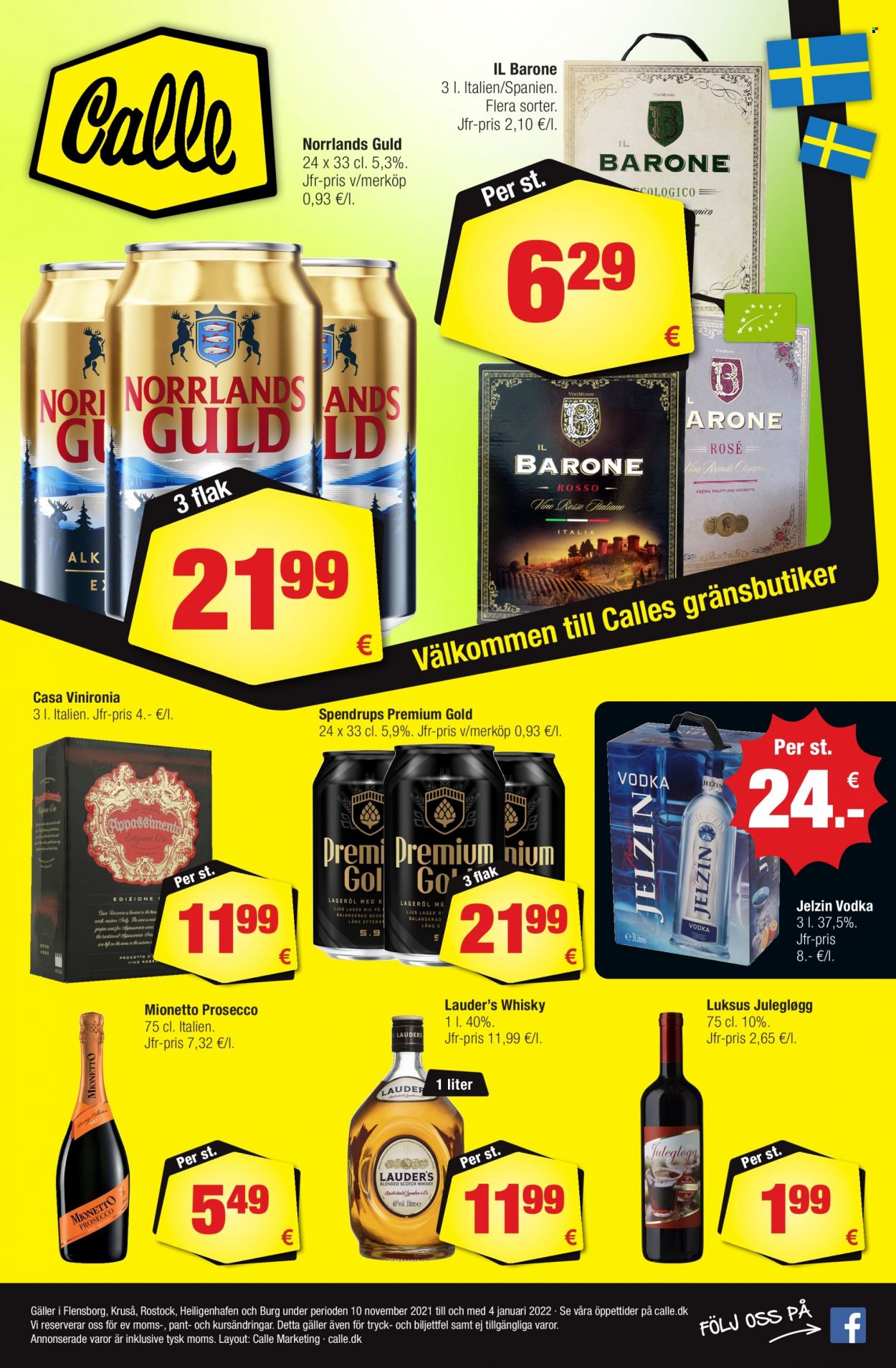 thumbnail - Calle reklamblad - 10/11 2021 - 4/1 2022 - varor från reklamblad - Norrlands Guld, Prosecco, whisky, Vodka, Jelzin. Sida 1.