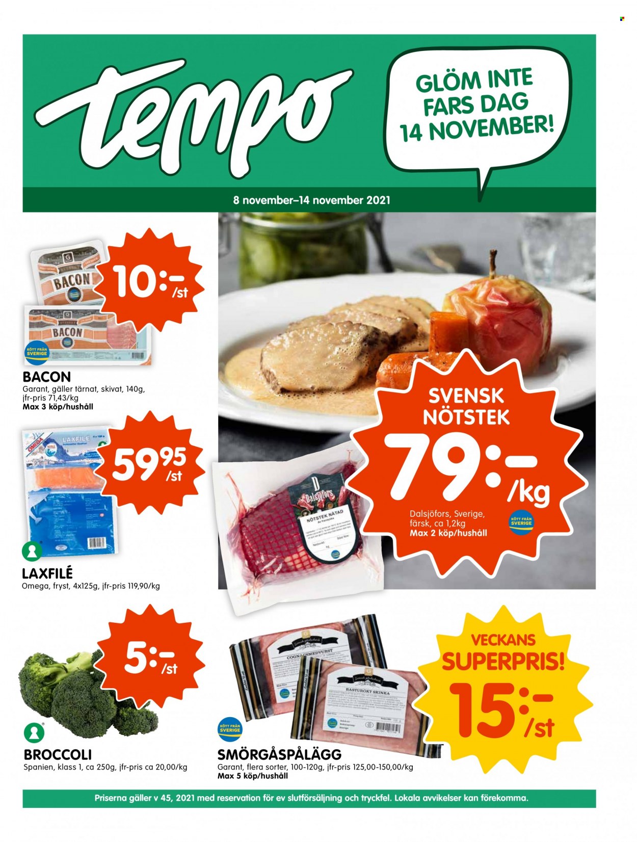 thumbnail - Tempo reklamblad - 8/11 2021 - 14/11 2021 - varor från reklamblad - broccoli, lax, bacon, skinka. Sida 1.