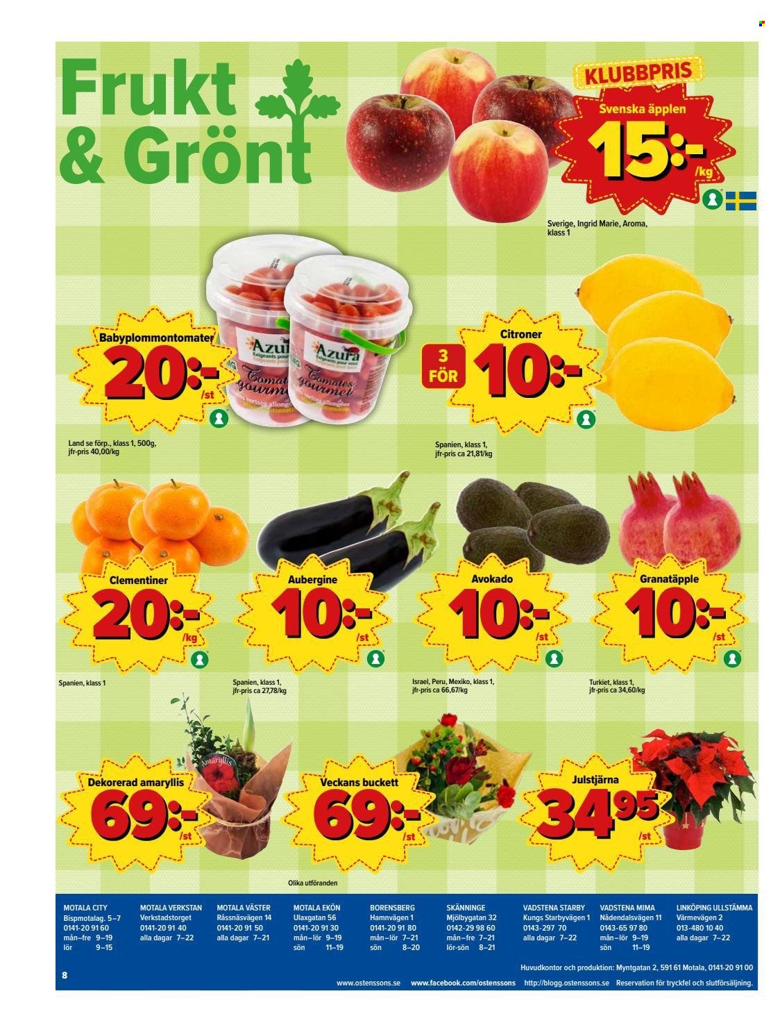 thumbnail - Östenssons reklamblad - 15/11 2021 - 21/11 2021 - varor från reklamblad - äpplen, clementiner, aubergine, avokado, citroner, julstjärna, Amaryllis. Sida 8.