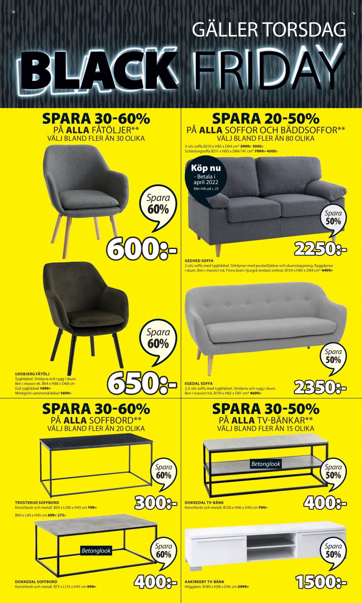 thumbnail - JYSK reklamblad - 25/11 2021 - 28/11 2021 - varor från reklamblad - fåtölj, 2-sits soffa, 3-sits soffa, soffa, bänk, soffbord, tv-bänk. Sida 18.