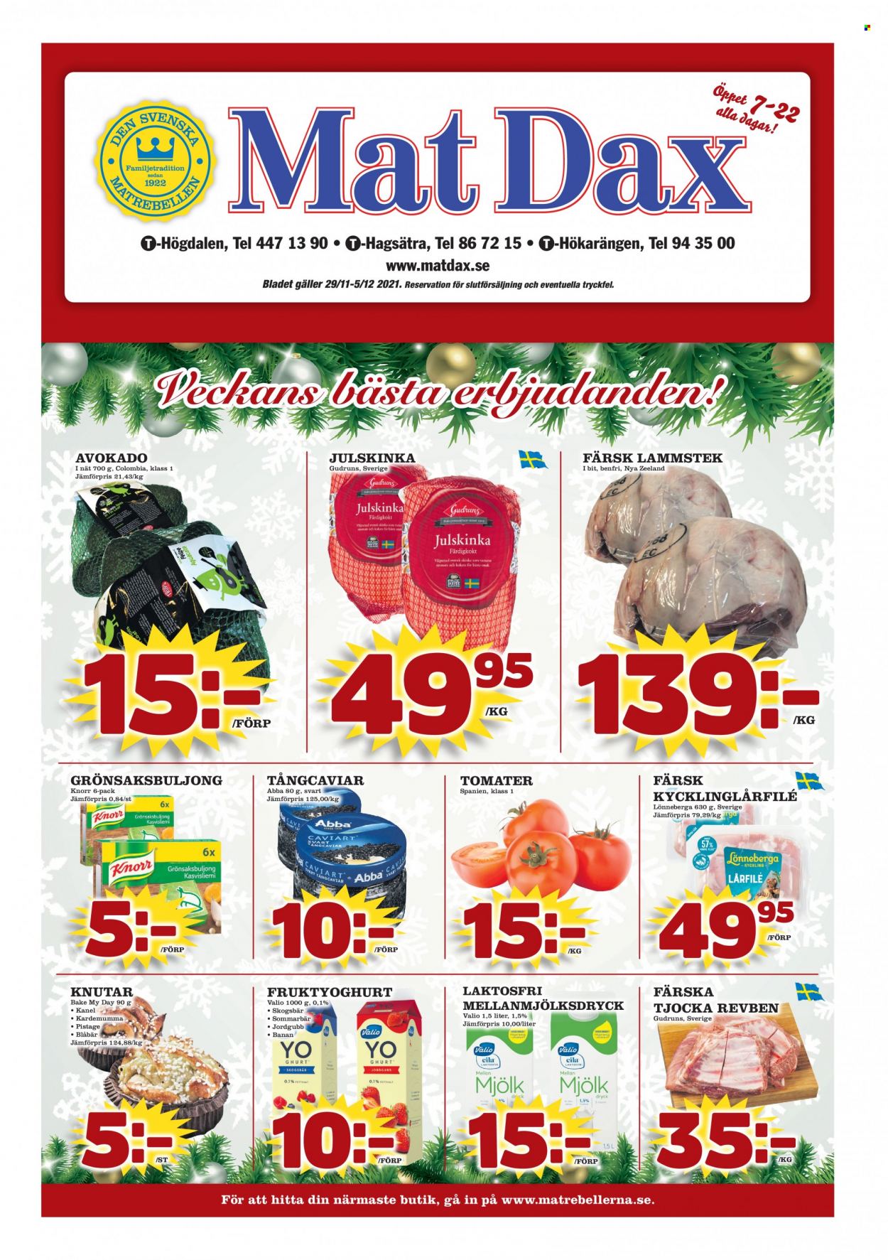 thumbnail - MatDax reklamblad - 29/11 2021 - 5/12 2021 - varor från reklamblad - bananer, blåbär, revben, lammstek, tomater, avokado, Knorr, julskinka. Sida 1.