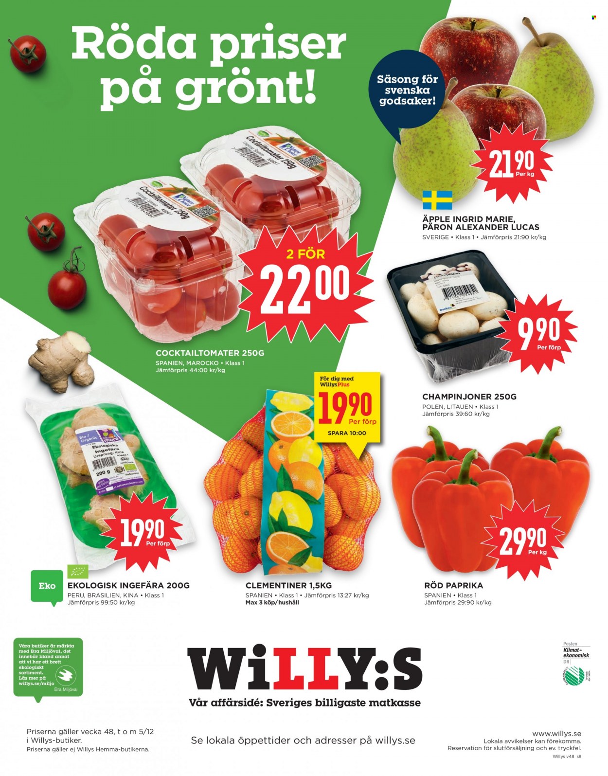 thumbnail - Willys reklamblad - 29/11 2021 - 5/12 2021 - varor från reklamblad - champinjoner, äpplen, clementiner, päron, paprika. Sida 8.